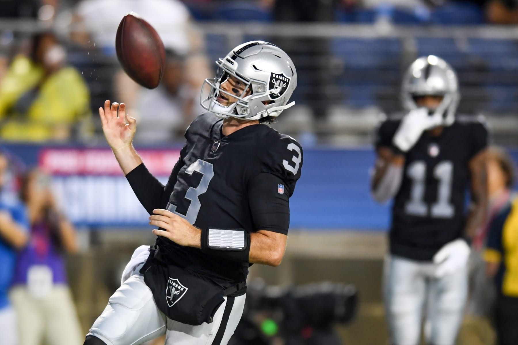 CANTON, OHIO - AUGUST 04: Jarrett Stidham #3 of the Las Vegas Raiders scores a 12-yard rushing touchdown during the first half of the 2022 Pro Hall of Fame Game against the Jacksonville Jaguars at Tom Benson Hall Of Fame Stadium on August 04, 2022 in Canton, Ohio. (Photo by Nick Cammett/Getty Images) CANTON, OHIO - AUGUST 04: Jarrett Stidham #3 of the Las Vegas Raiders scores a 12-yard rushing touchdown during the first half of the 2022 Pro Hall of Fame Game against the Jacksonville Jaguars at Tom Benson Hall Of Fame Stadium on August 04, 2022 in Canton, Ohio. (Photo by Nick Cammett/Getty Images)