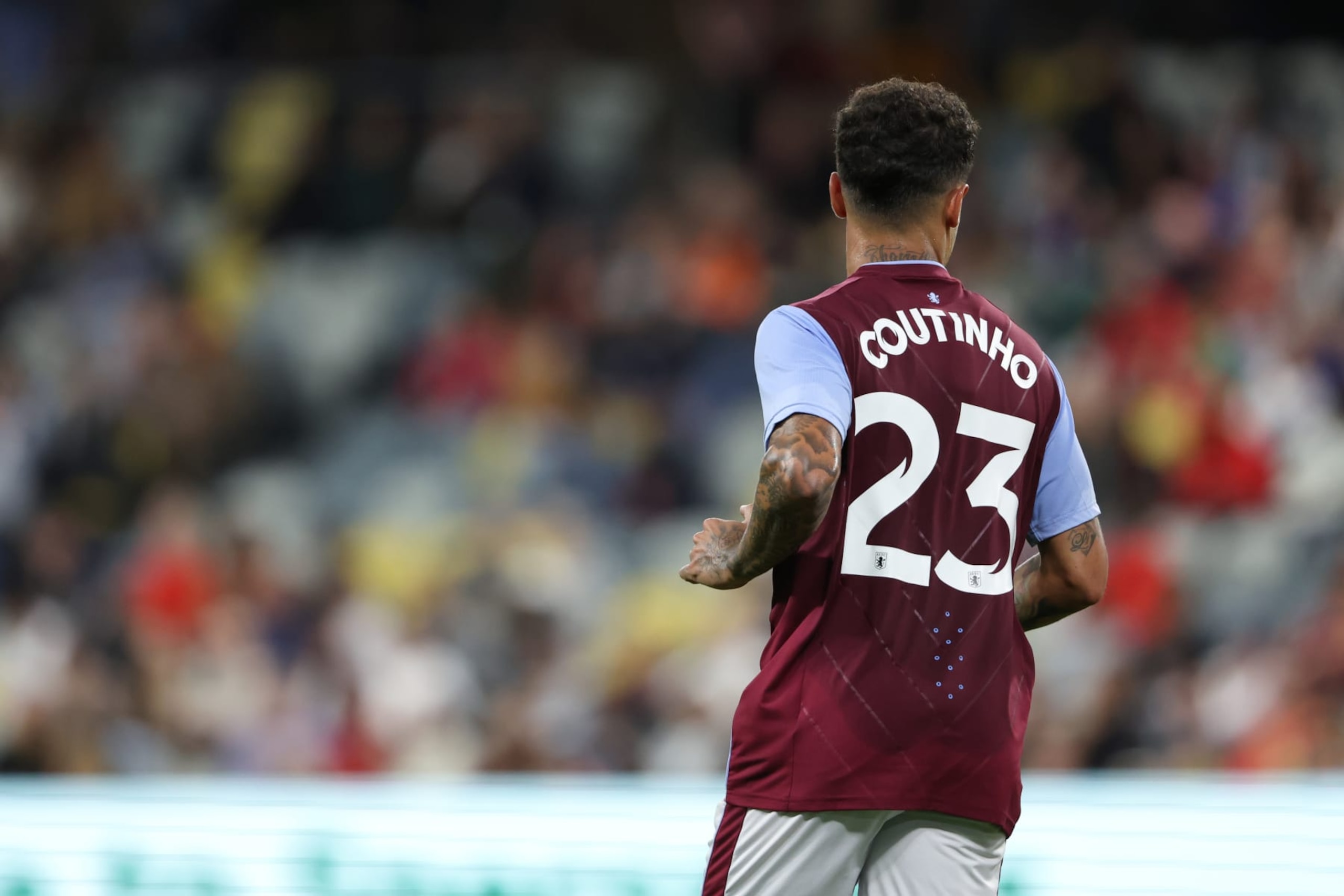 TOWNSVILLE, AUSTRALIA - JULY 20: The back of Philippe Coutinho of Aston Villa during the 2022 Queensland Champions Cup match between Aston Villa and Brisbane Roar at Queensland Country Bank Stadium on July 20, 2022 in Townsville, Australia. (Photo by Matthew Ashton - AMA/Getty Images)