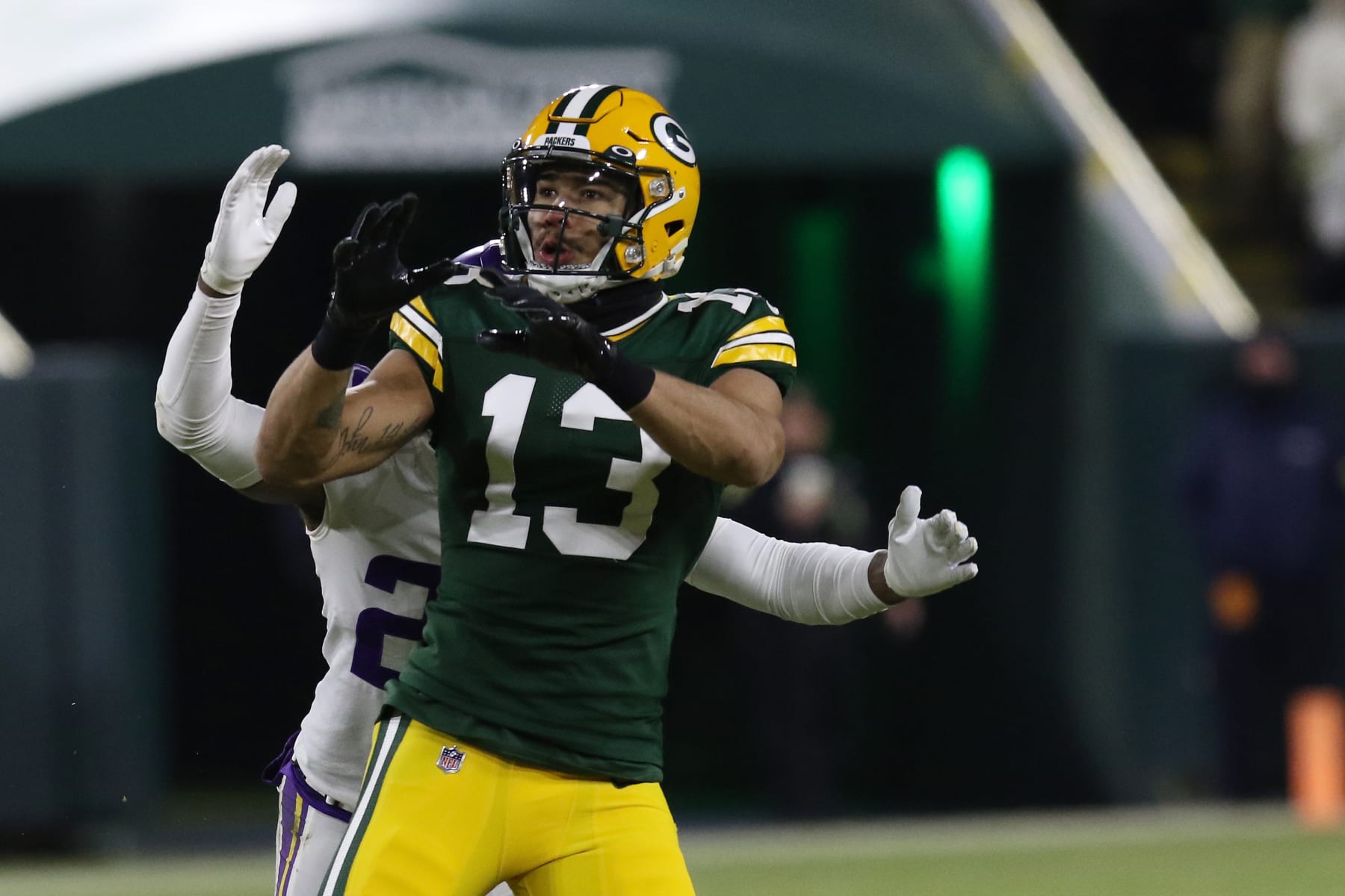 GREEN BAY, WI - JANUARY 02: Green Bay Packers wide receiver Allen Lazard (13) waits for a ball during a game between the Green Bay Packers and the Minnesota Vikings at Lambeau Field on January 2, 2022 in Green Bay, WI. (Photo by Larry Radloff/Icon Sportswire via Getty Images)