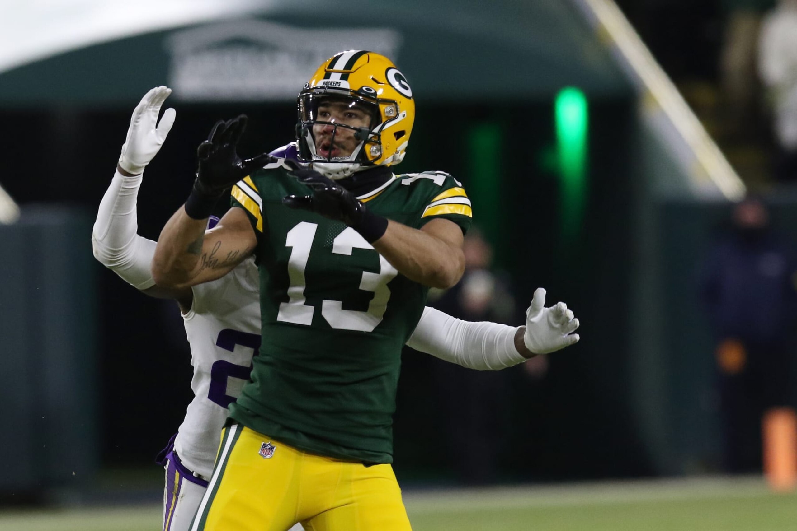 GREEN BAY, WI - JANUARY 02: Green Bay Packers wide receiver Allen Lazard (13) waits for a ball during a game between the Green Bay Packers and the Minnesota Vikings at Lambeau Field on January 2, 2022 in Green Bay, WI. (Photo by Larry Radloff/Icon Sportswire via Getty Images)