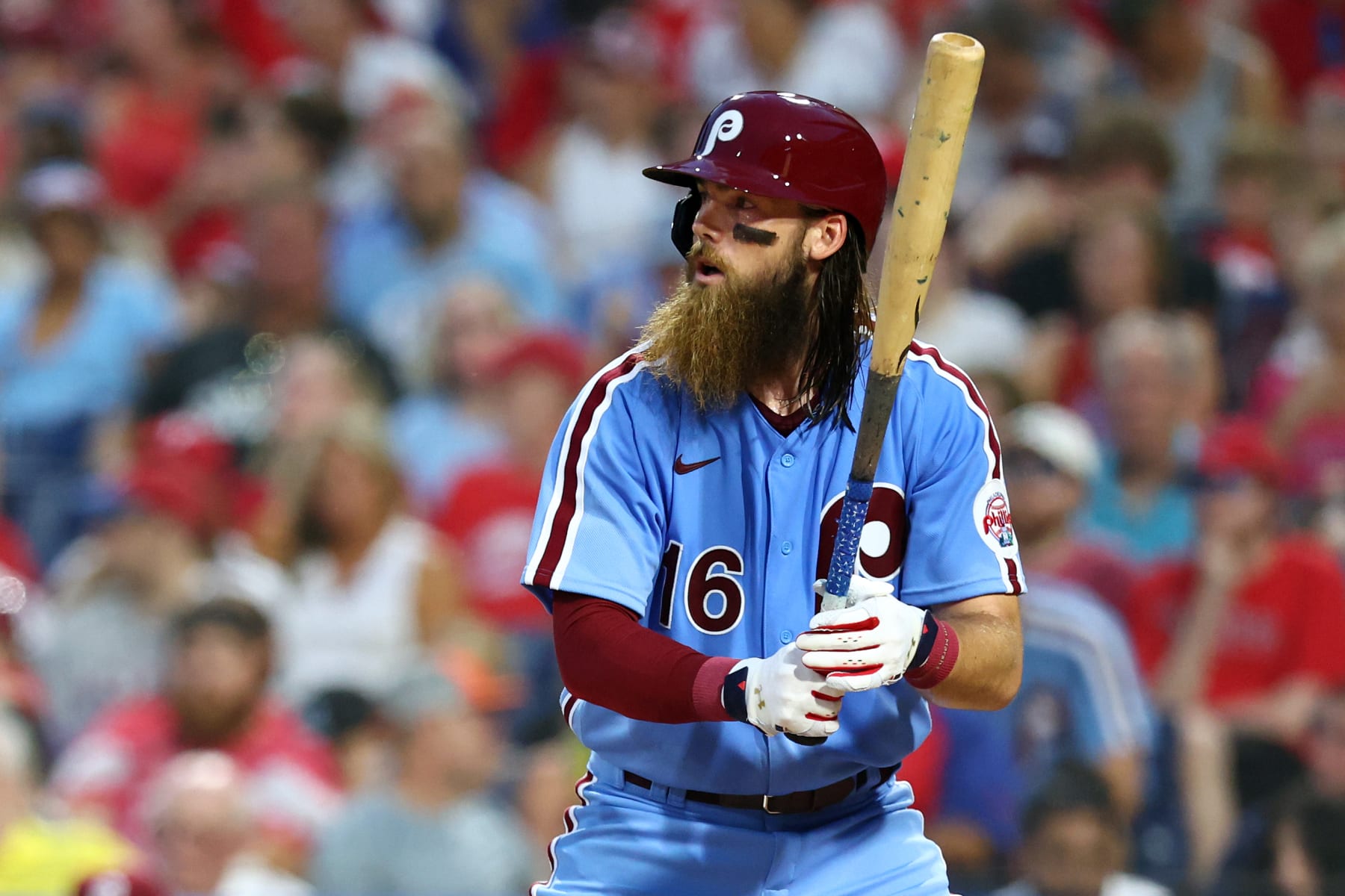 PHILADELPHIA, PA - AUGUST 04: Brandon Marsh #16 of the Philadelphia Phillies bats against the Washington Nationals during the third inning of a game at Citizens Bank Park on August 4, 2022 in Philadelphia, Pennsylvania. (Photo by Rich Schultz/Getty Images)