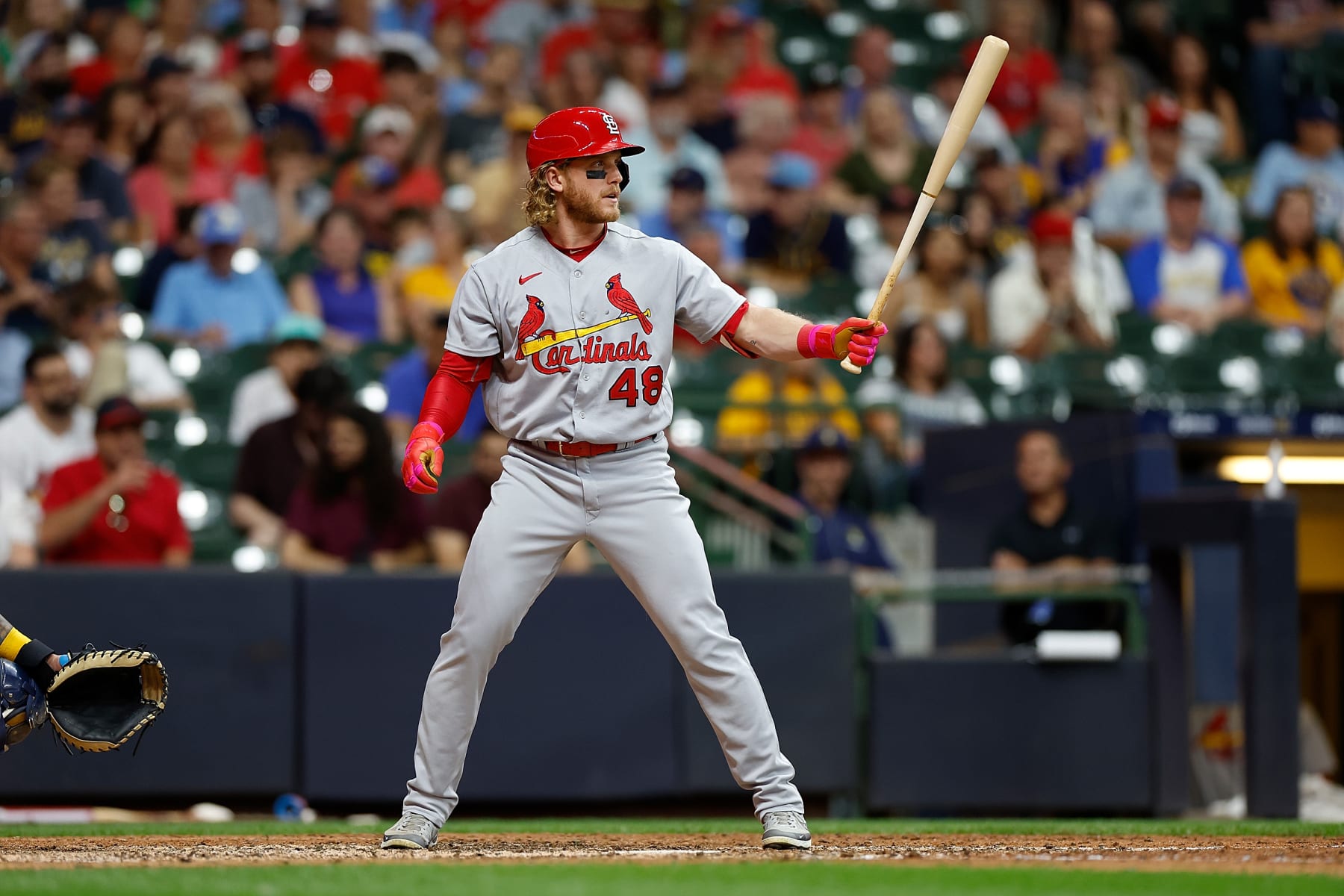MILWAUKEE, WISCONSIN - JUNE 22: Harrison Bader #48 of the St. Louis Cardinals up to bat against the Milwaukee Brewers at American Family Field on June 22, 2022 in Milwaukee, Wisconsin. Cardinals defeated the Brewers 5-4. (Photo by John Fisher/Getty Images)