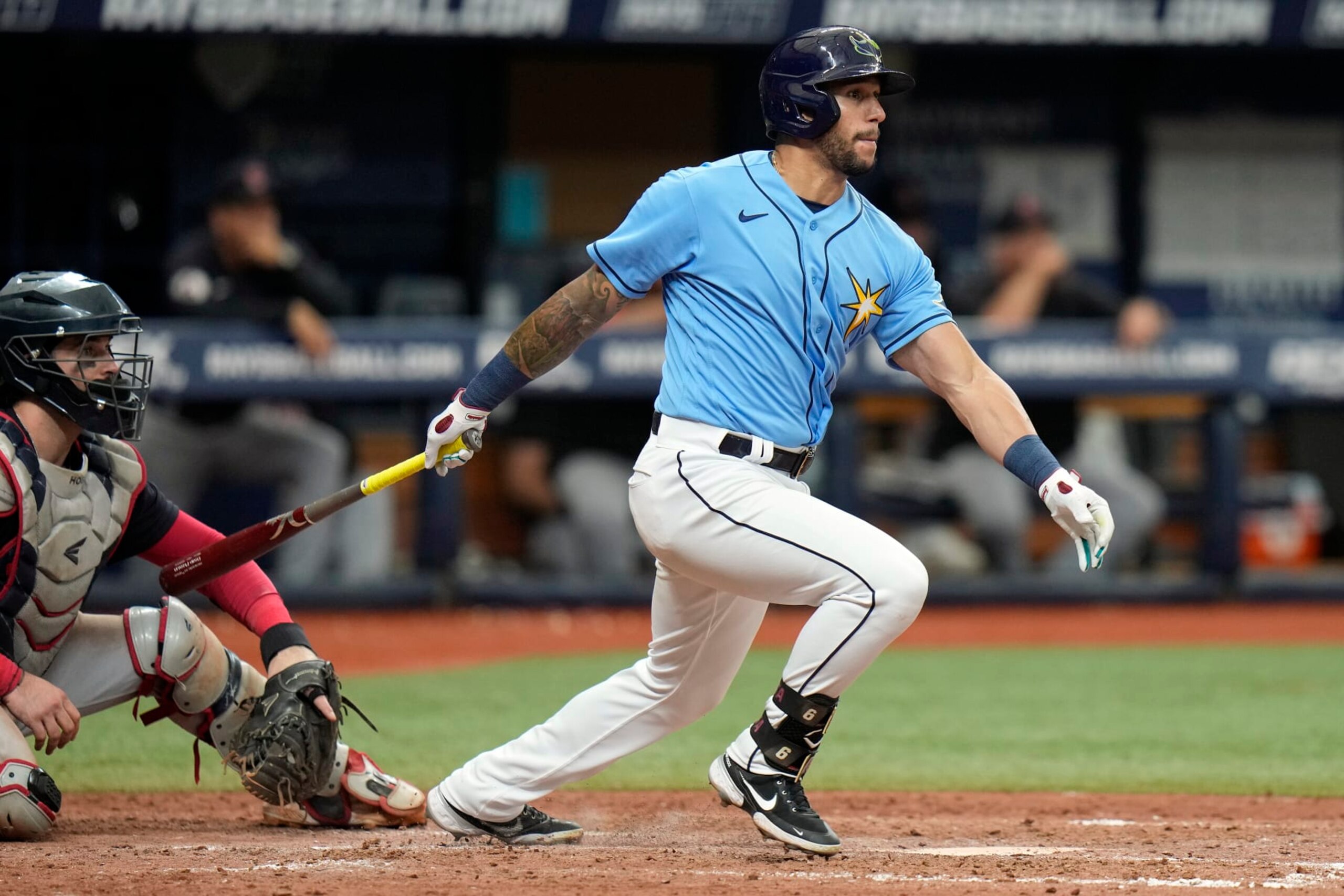 Tampa Bay Rays' David Peralta watches his single off Cleveland Guardians relief pitcher Trevor Stephan during the eighth inning of a baseball game Sunday, July 31, 2022, in St. Petersburg, Fla. (AP Photo/Chris O'Meara) Tampa Bay Rays' David Peralta watches his single off Cleveland Guardians relief pitcher Trevor Stephan during the eighth inning of a baseball game Sunday, July 31, 2022, in St. Petersburg, Fla. (AP Photo/Chris O'Meara)