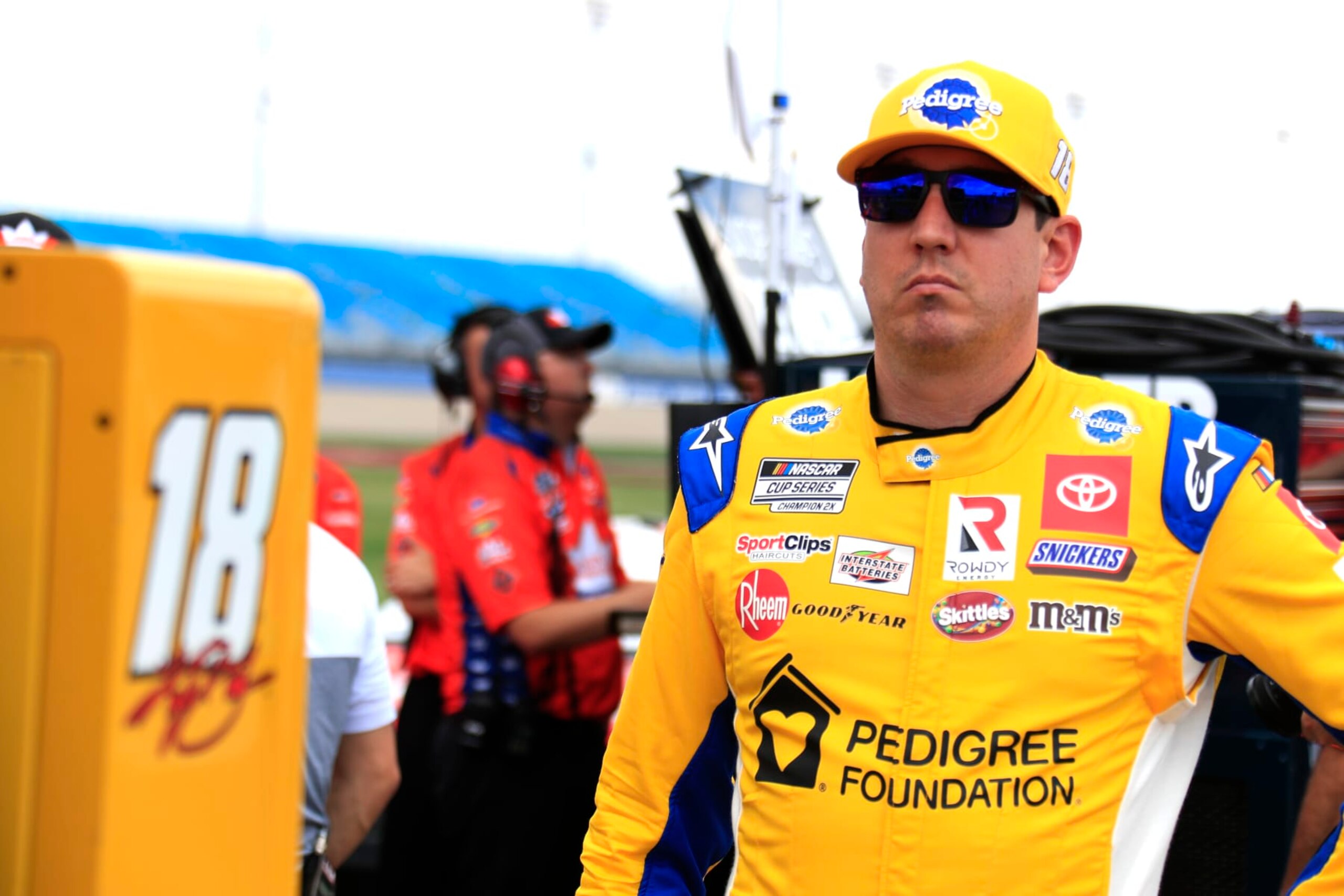 NASHVILLE, TN - JUNE 25: Kyle Busch (#18 Joe Gibbs Racing Pedigree Toyota) watches the action during qualfying for the 2nd annual Ally 400 on June 25, 2022 at Nashville SuperSpeedway in Nashville, TN. (Photo by Jeff Robinson/Icon Sportswire via Getty Images)
