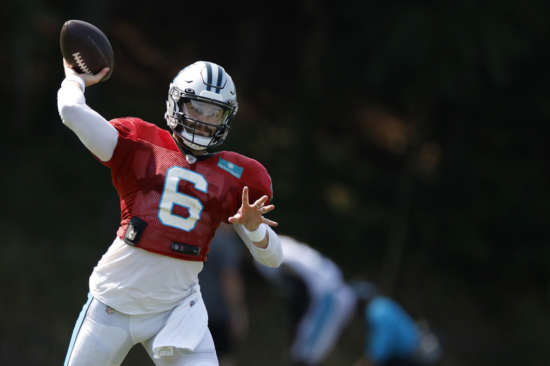 SPARTANBURG, SOUTH CAROLINA - AUGUST 02: Baker Mayfield #6 of the Carolina Panthers attempts a pass during training camp at Wofford College on August 02, 2022 in Spartanburg, South Carolina. (Photo by Jared C. Tilton/Getty Images)
