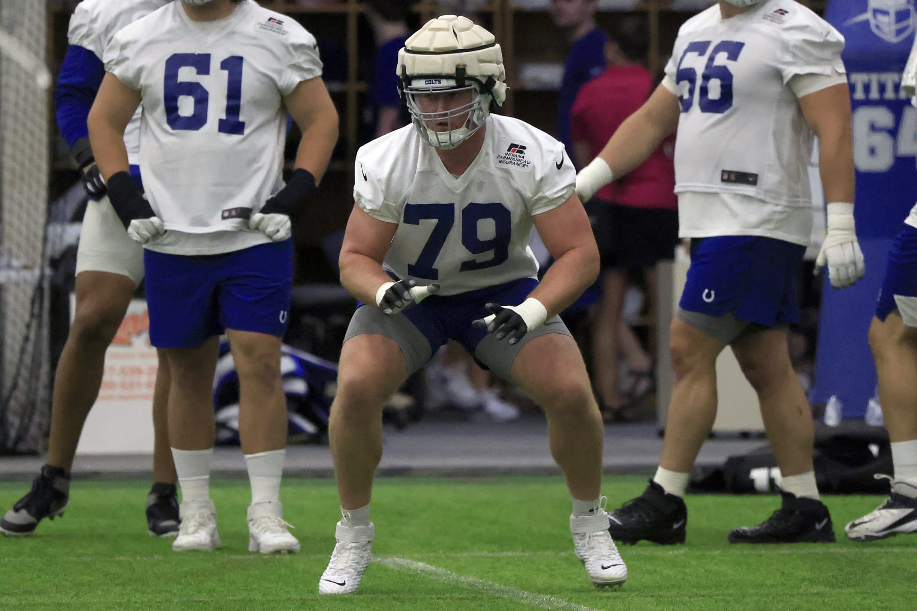 WESTFIELD, INDIANA - JULY 27: Bernhard Raimann #79 of the Indianapolis Colts runs a drill during the first day of training camp on July 27, 2022 at Grand Park Sports Campus in Westfield, Indiana. (Photo by Justin Casterline/Getty Images)