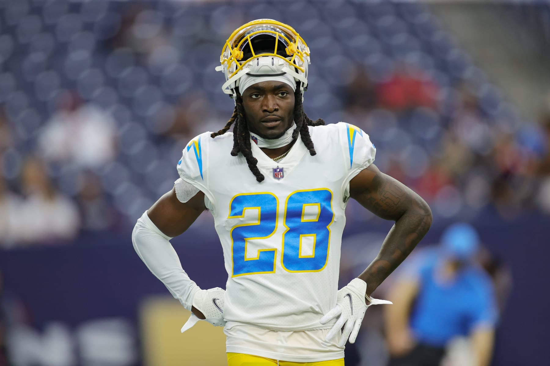 HOUSTON, TEXAS - DECEMBER 26: Davontae Harris #28 of the Los Angeles Chargers in action against the Houston Texans at NRG Stadium on December 26, 2021 in Houston, Texas. (Photo by Carmen Mandato/Getty Images)