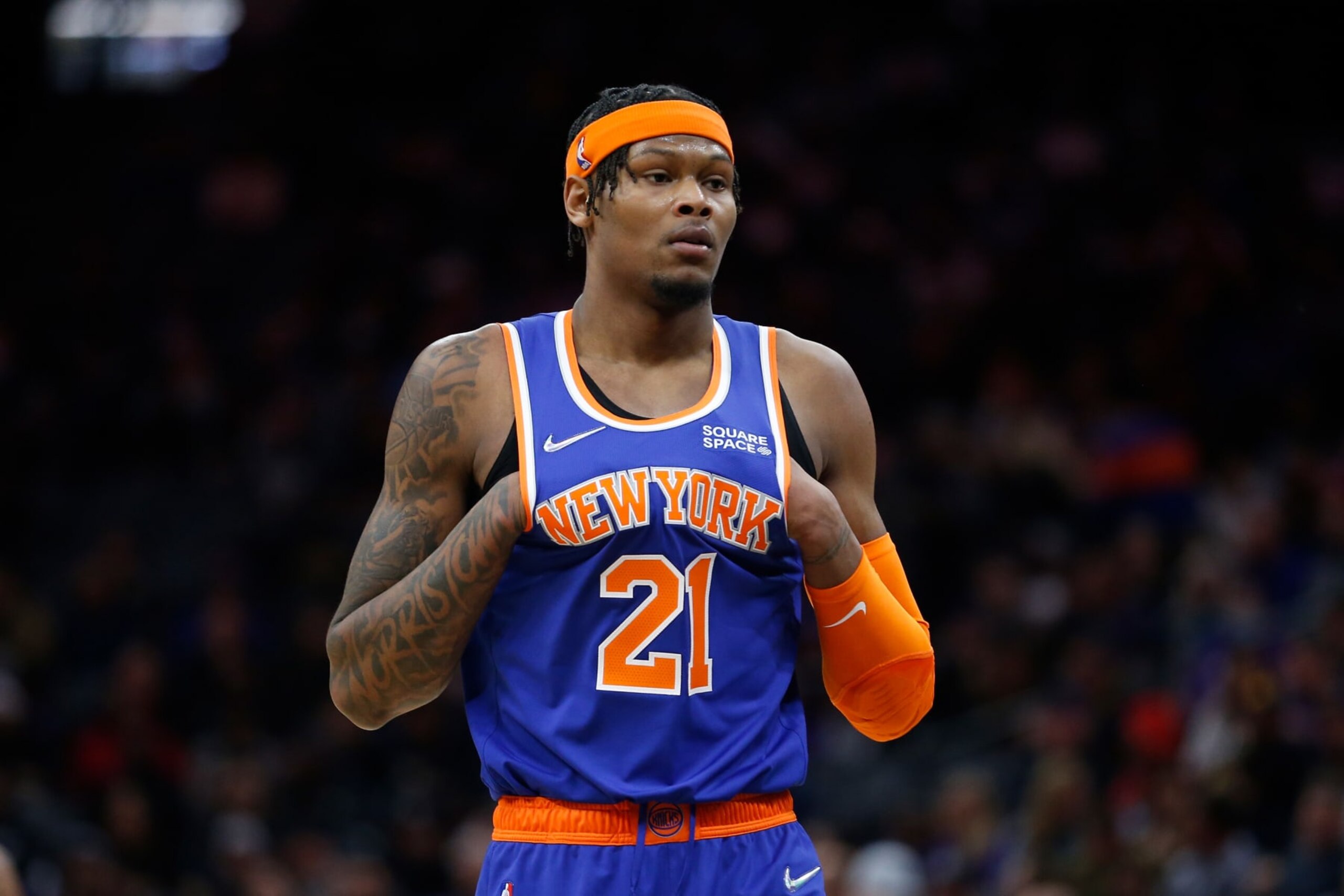 SACRAMENTO, CALIFORNIA - MARCH 07: Cam Reddish #21 of the New York Knicks looks on during the game against the Sacramento Kings at Golden 1 Center on March 07, 2022 in Sacramento, California. NOTE TO USER: User expressly acknowledges and agrees that, by downloading and/or using this photograph, User is consenting to the terms and conditions of the Getty Images License Agreement (Photo by Lachlan Cunningham/Getty Images)