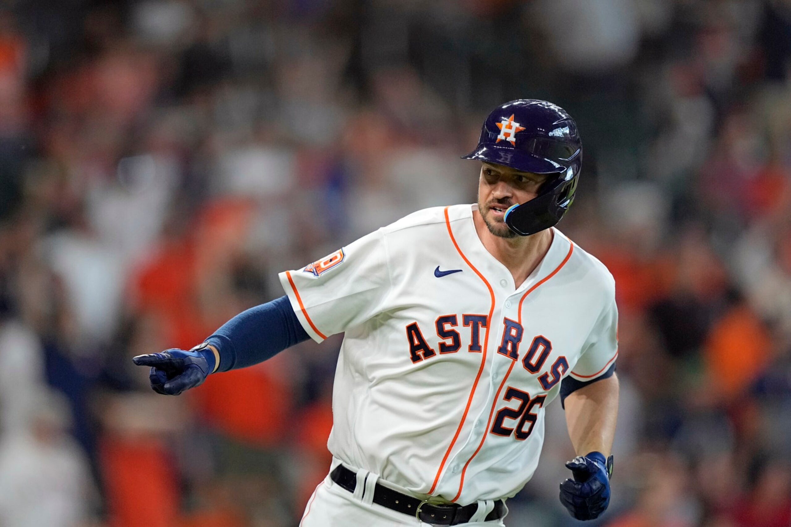 Houston Astros' Trey Mancini celebrates after hitting a two-run home run against the Boston Red Sox during the second inning of a baseball game Wednesday, Aug. 3, 2022, in Houston. (AP Photo/David J. Phillip) Houston Astros' Trey Mancini celebrates after hitting a two-run home run against the Boston Red Sox during the second inning of a baseball game Wednesday, Aug. 3, 2022, in Houston. (AP Photo/David J. Phillip)
