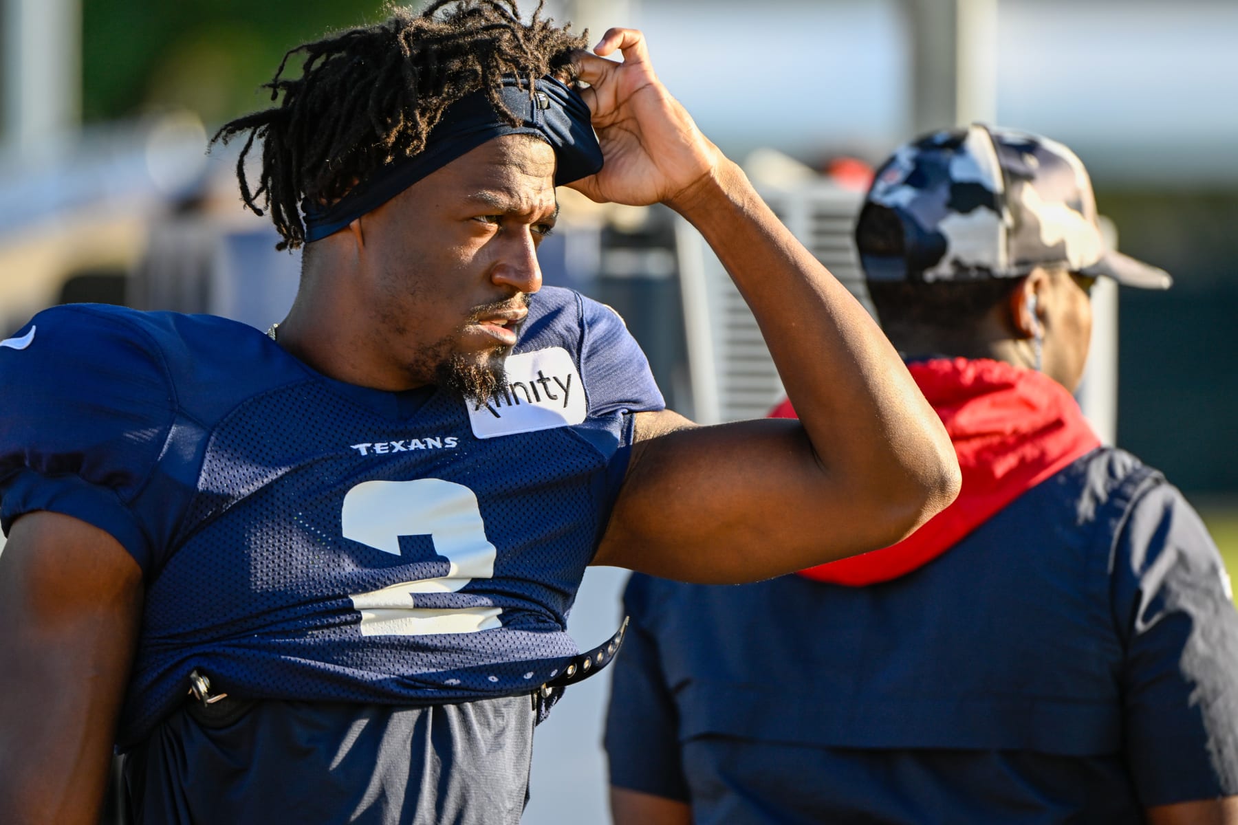 HOUSTON, TX - AUGUST 01: Houston Texans running back Marlon Mack (2) looks on from the sideline during the Houston Texans Training Camp session at Houston Methodist Training Center adjacent to NRG Stadium on August 1, 2022 in Houston, Texas. (Photo by Ken Murray/Icon Sportswire via Getty Images)