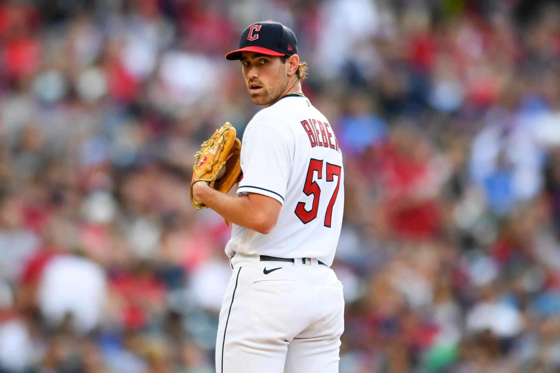 CLEVELAND, OH - JUNE 25: Shane Bieber #57 of the Cleveland Guardians looks toward first base during the third inning against the Boston Red Sox at Progressive Field on June 25, 2022 in Cleveland, Ohio. (Photo by Nick Cammett/Diamond Images via Getty Images)