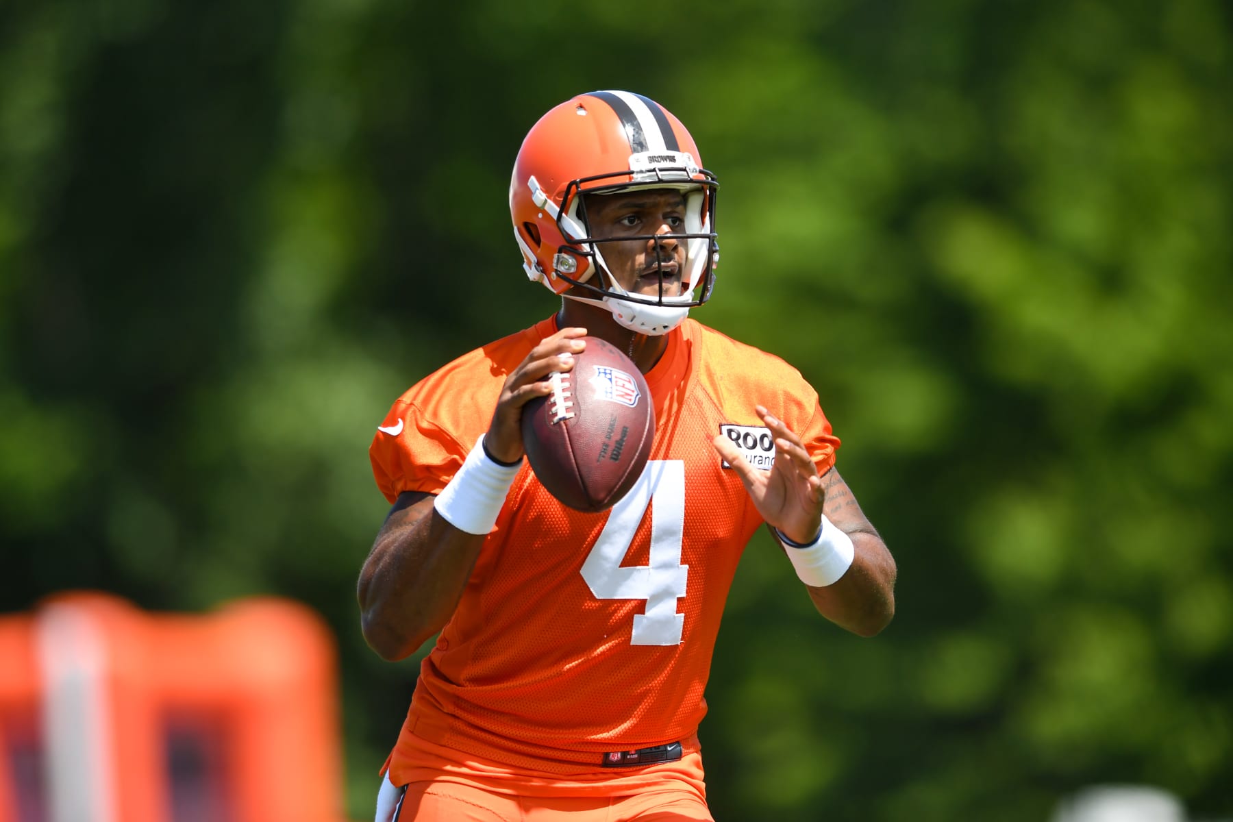 BEREA, OH - JULY 30: Deshaun Watson #4 of the Cleveland Browns runs a drill during Cleveland Browns training camp at CrossCountry Mortgage Campus on July 30, 2022 in Berea, Ohio. (Photo by Nick Cammett/Diamond Images via Getty Images)