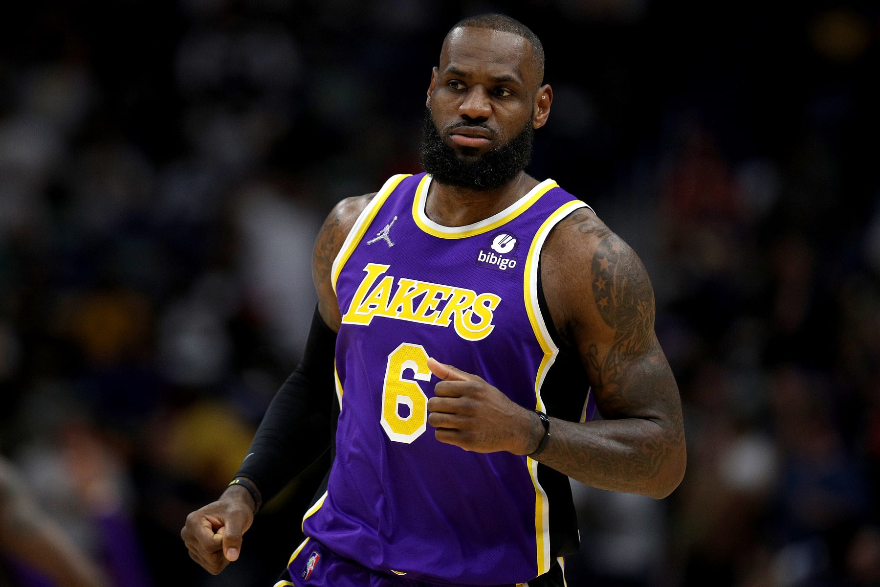 NEW ORLEANS, LOUISIANA - MARCH 27: LeBron James #6 of the Los Angeles Lakers stands on the court during the first quarter of an NBA game against the New Orleans Pelicans at Smoothie King Center on March 27, 2022 in New Orleans, Louisiana. NOTE TO USER: User expressly acknowledges and agrees that, by downloading and or using this photograph, User is consenting to the terms and conditions of the Getty Images License Agreement. (Photo by Sean Gardner/Getty Images)
