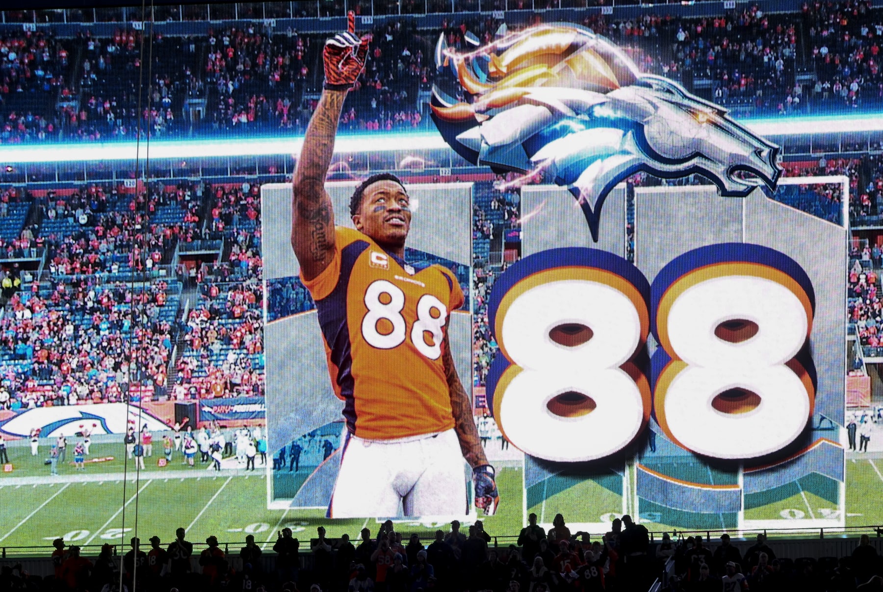 DENVER, CO - DECEMBER 12: Demaryius Thomas is remembered by Denver Broncos fans as his number 88 is flashed on the scoreboard during the fourth quarter of Denver"u2019s 38-10 win over the Detroit Lions at Empower Field at Mile High on Sunday, December 12, 2021. (Photo by AAron Ontiveroz/MediaNews Group/The Denver Post via Getty Images)