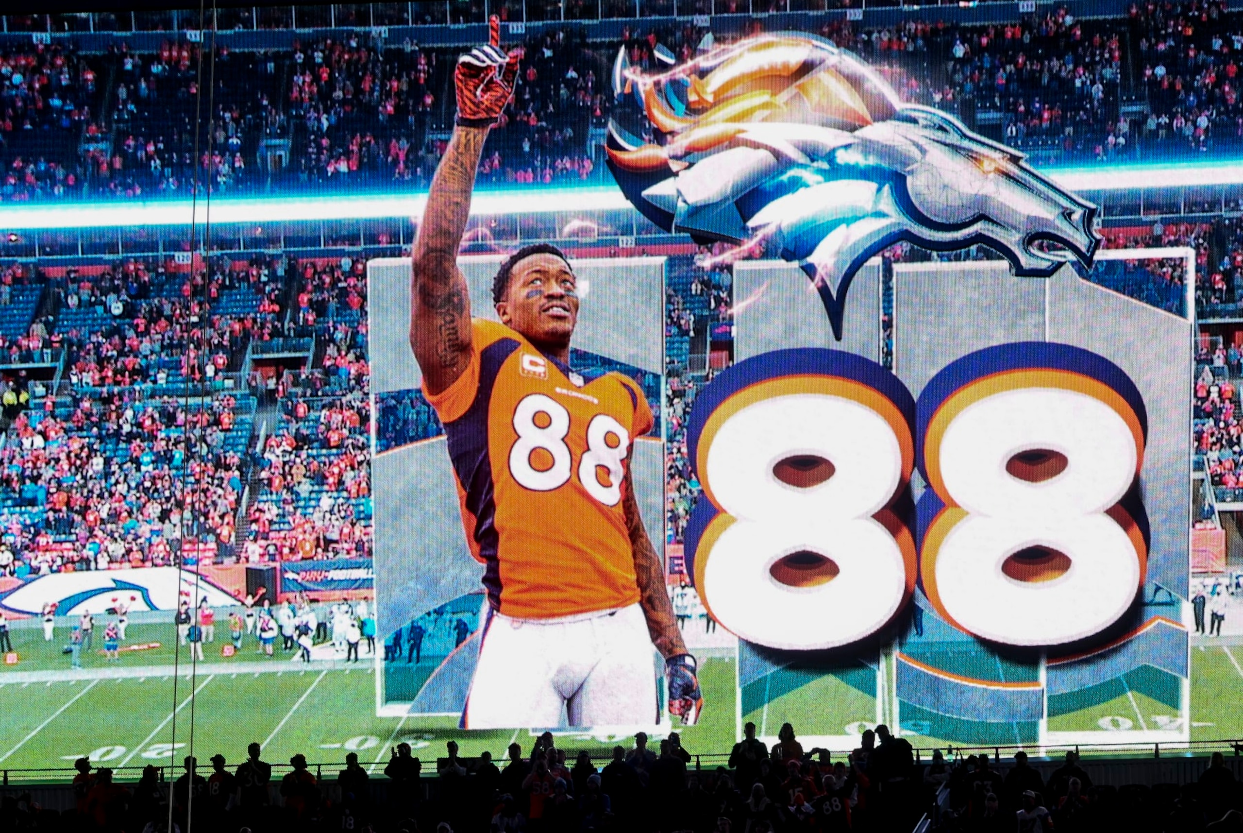 DENVER, CO - DECEMBER 12: Demaryius Thomas is remembered by Denver Broncos fans as his number 88 is flashed on the scoreboard during the fourth quarter of Denver"u2019s 38-10 win over the Detroit Lions at Empower Field at Mile High on Sunday, December 12, 2021. (Photo by AAron Ontiveroz/MediaNews Group/The Denver Post via Getty Images)