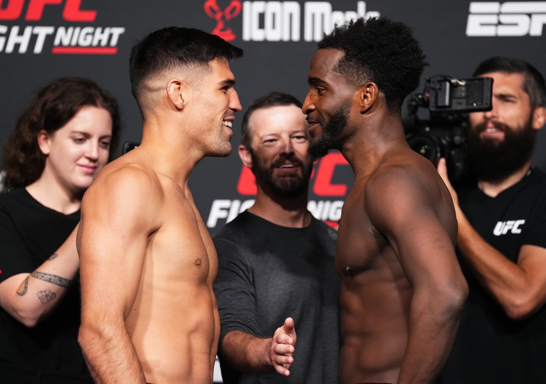 LAS VEGAS, NEVADA - AUGUST 05: (L-R) Opponents Vicente Luque and Geoff Neal face off during the UFC Fight Night weigh-in at UFC APEX on August 05, 2022 in Las Vegas, Nevada. (Photo by Chris Unger/Zuffa LLC)