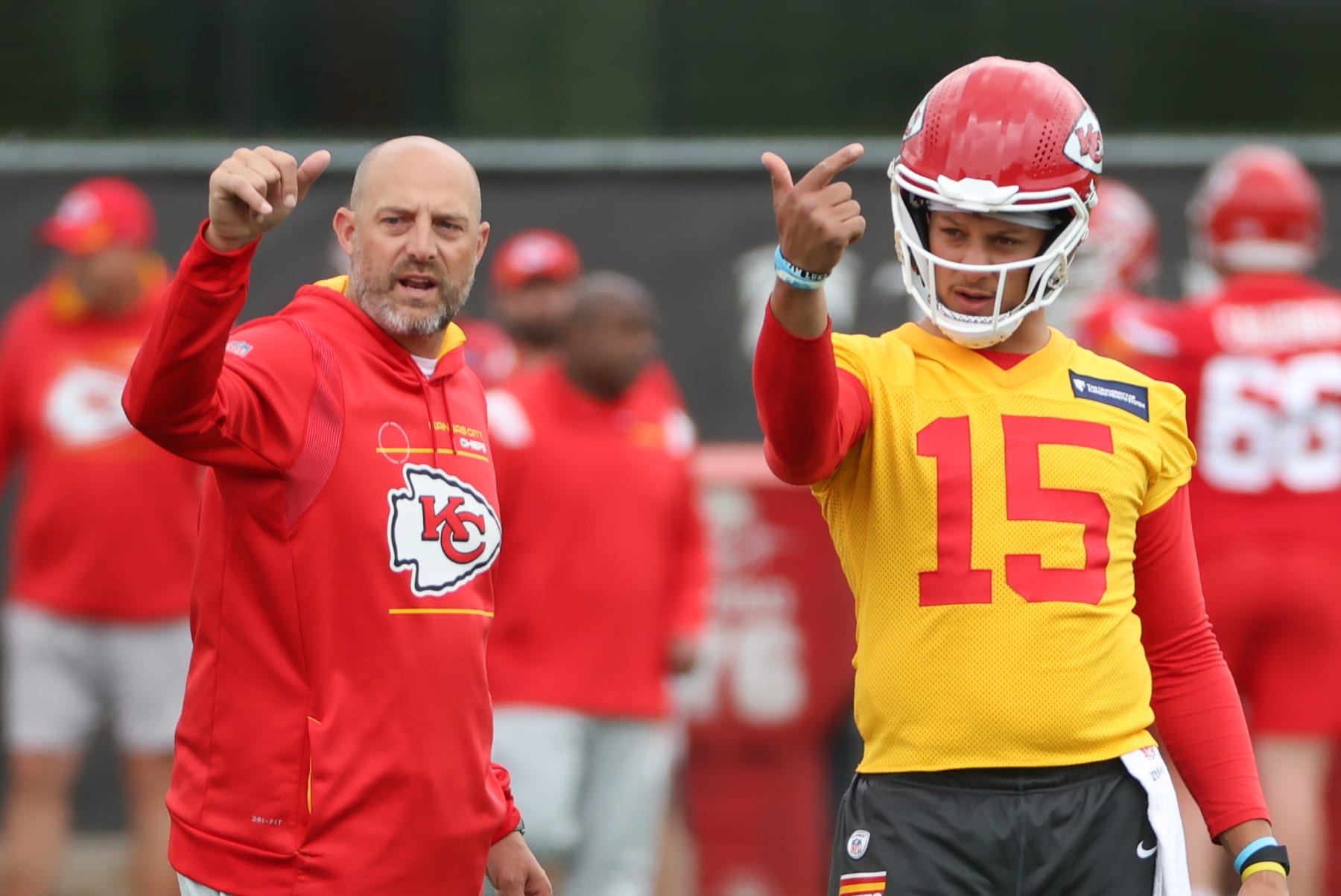 KANSAS CITY, MO - MAY 26: Kansas City Chiefs quarterback Patrick Mahomes (15) and Senior Assistant/Quarterbacks coach Matt Nagy point out a play during OTA offseason workouts on May 26, 2022 at the Chiefs Training Facility in Kansas City, MO. (Photo by Scott Winters/Icon Sportswire via Getty Images)