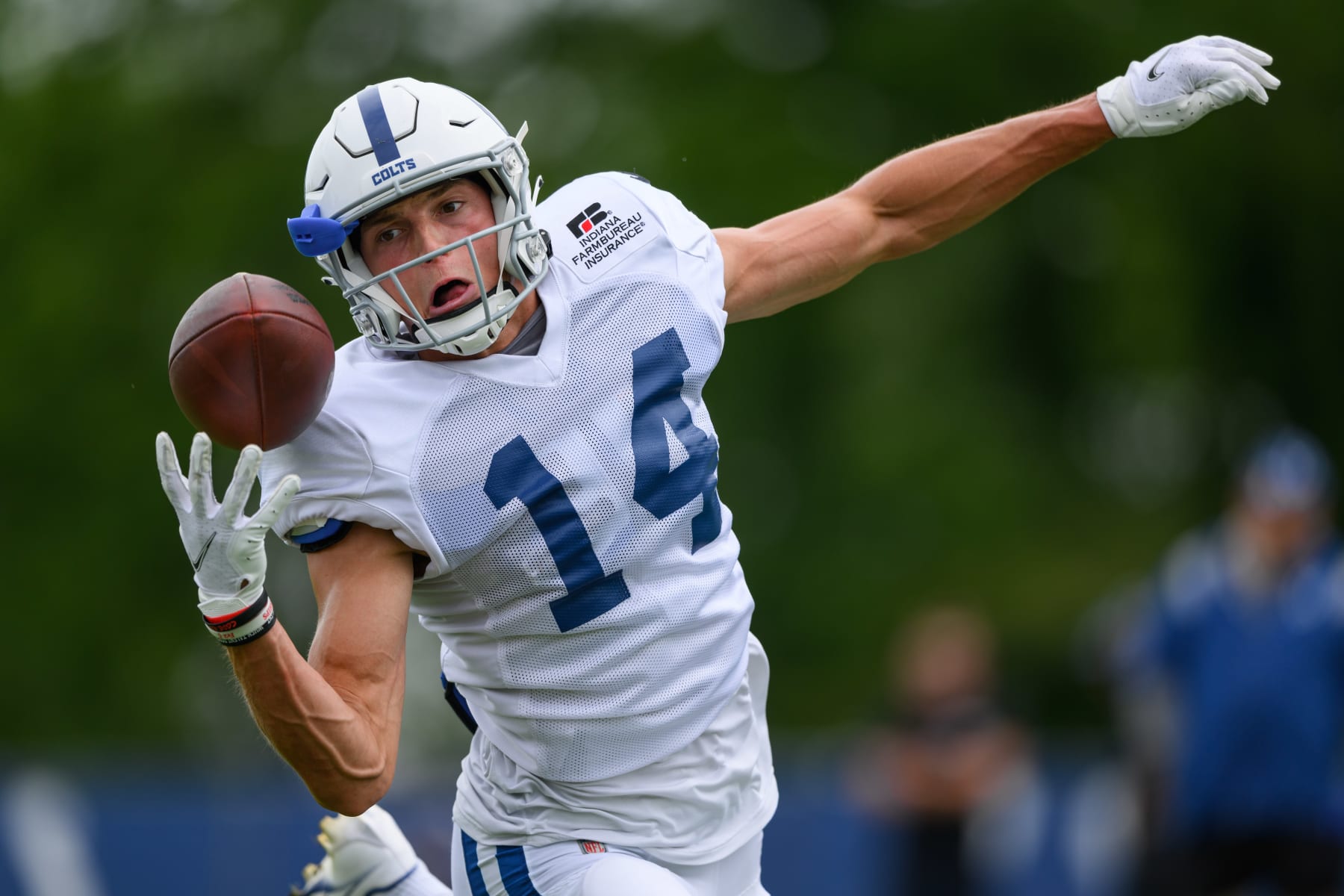WESTFIELD, IN - AUGUST 02: Indianapolis Colts wide receiver Alec Pierce (14) runs through a drill during the Indianapolis Colts Training Camp practice on August 2, 2022 at Grand Park Sports Campus in Westfield, IN. (Photo by Zach Bolinger/Icon Sportswire via Getty Images)