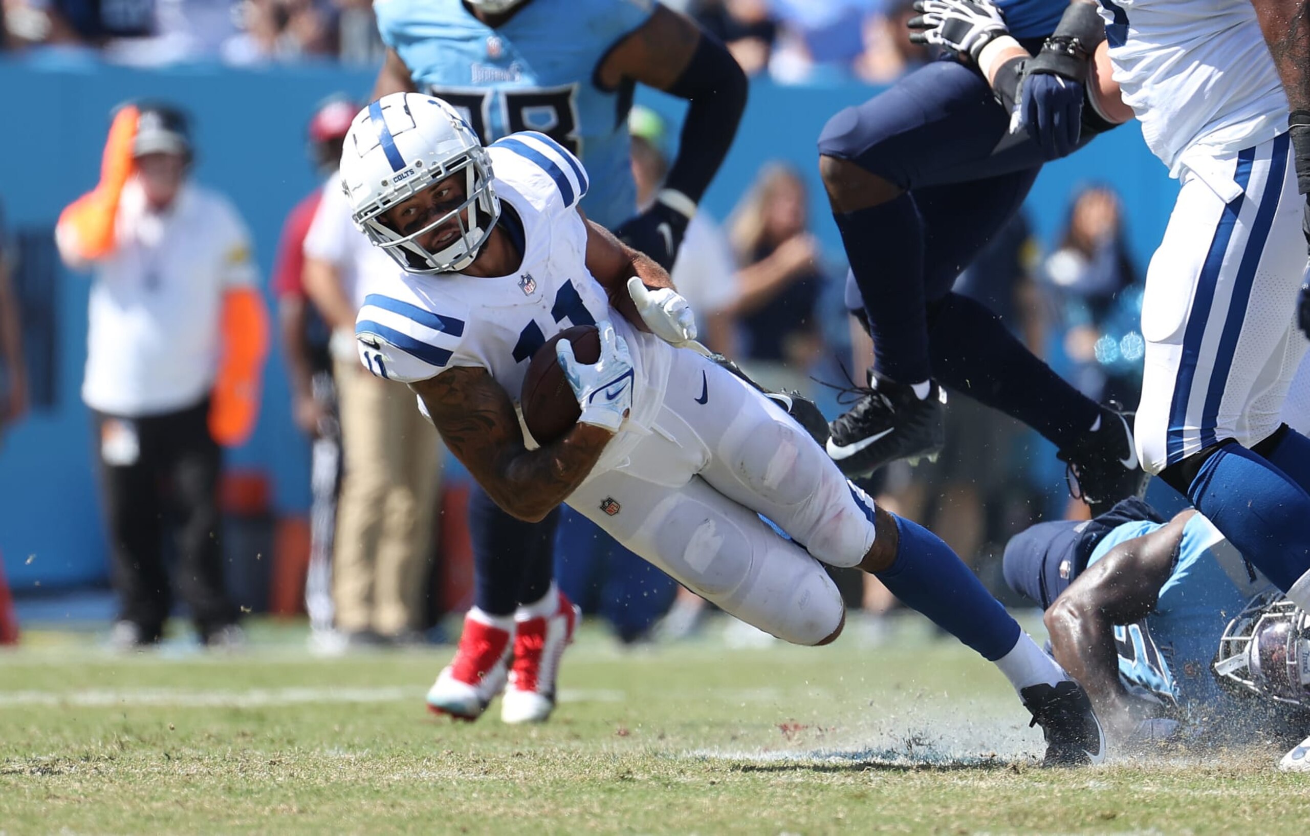 NASHVILLE, TENNESSEE - SEPTEMBER 26: Michael Pittman Jr #11of the Indianapolis Colts against the Tennessee Titans  at Nissan Stadium on September 26, 2021 in Nashville, Tennessee. (Photo by Andy Lyons/Getty Images)