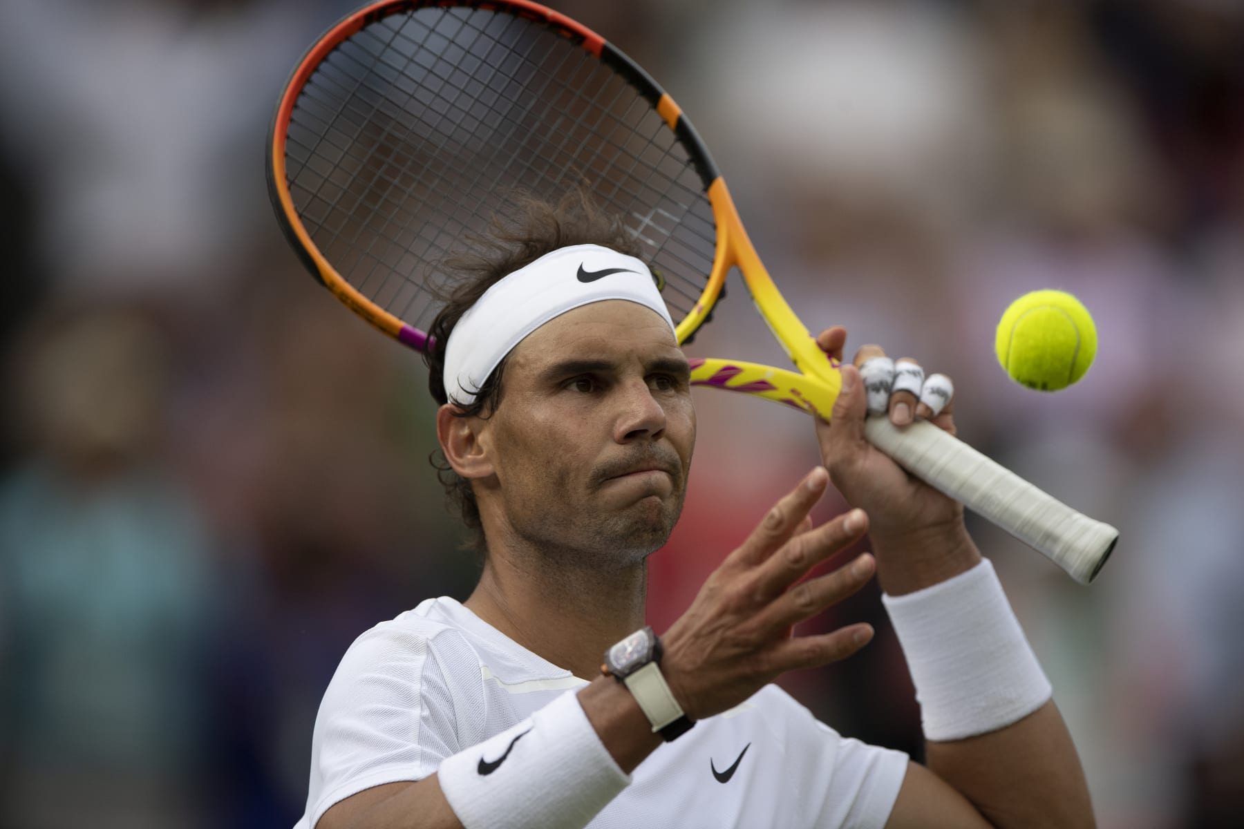 LONDON, ENGLAND - JULY 06: Rafael Nadal of Spain during his match against Taylor Fritz of The United States in their Men's Singles Quarter Final match on day ten of The Championships Wimbledon 2022 at All England Lawn Tennis and Croquet Club on July 06, 2022 in London, England. (Photo by Visionhaus/Getty Images)
