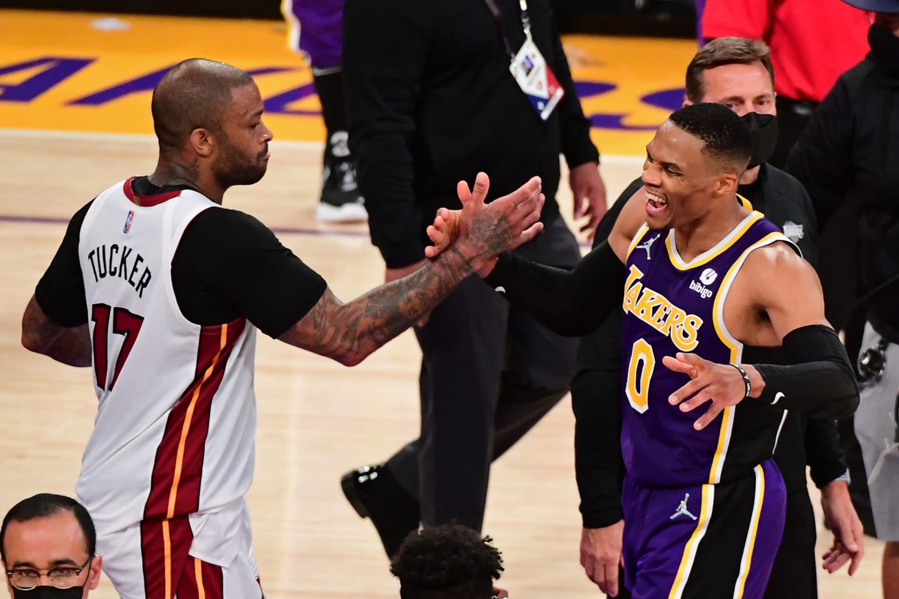 LOS ANGELES, CA - NOVEMBER 10: P.J. Tucker #17 of the Miami Heat and Russell Westbrook #0 of the Los Angeles Lakers shake hands after the game on November 10, 2021 at STAPLES Center in Los Angeles, California. NOTE TO USER: User expressly acknowledges and agrees that, by downloading and/or using this Photograph, user is consenting to the terms and conditions of the Getty Images License Agreement. Mandatory Copyright Notice: Copyright 2021 NBAE (Photo by Adam Pantozzi/NBAE via Getty Images)