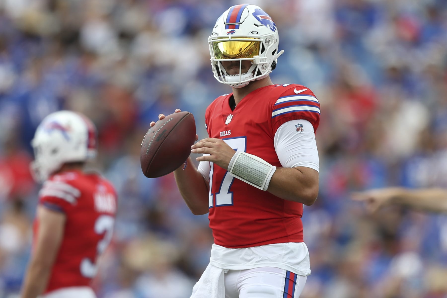 ORCHARD PARK, NEW YORK - AUGUST 05: Josh Allen #17 of the Buffalo Bills takes part in a drill on August 05, 2022 in Orchard Park, New York. (Photo by Joshua Bessex/Getty Images)