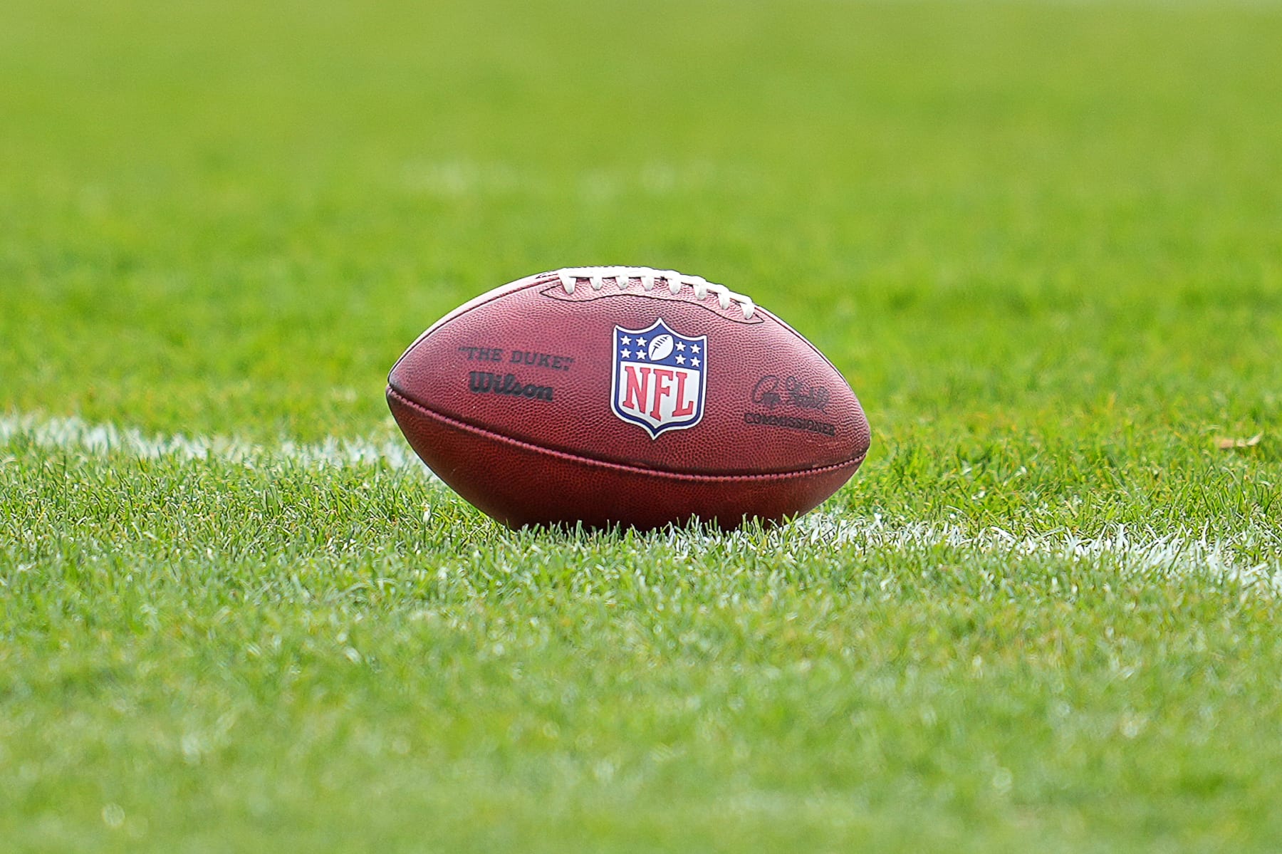 LAKE FOREST, IL - MAY 08: A detail view of the NFL logo crest is seen on a football during the the Chicago Bears Rookie Minicamp on May 08, 2022 at Halas Hall in Lake Forest, IL. (Photo by Robin Alam/Icon Sportswire via Getty Images)