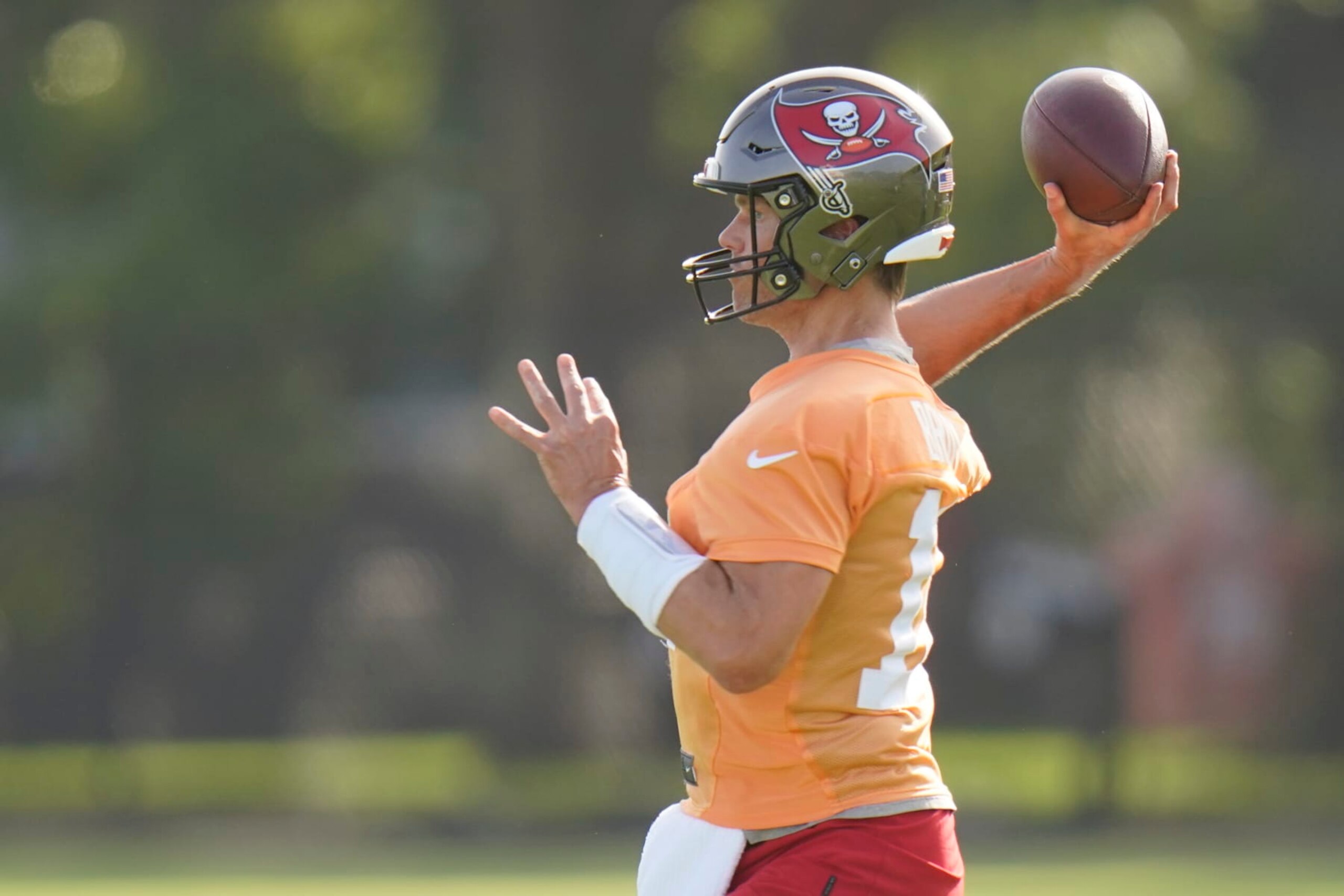 Tampa Bay Buccaneers quarterback Tom Brady during an NFL football training camp practice Thursday, July 28, 2022, in Tampa, Fla. (AP Photo/Chris O'Meara)