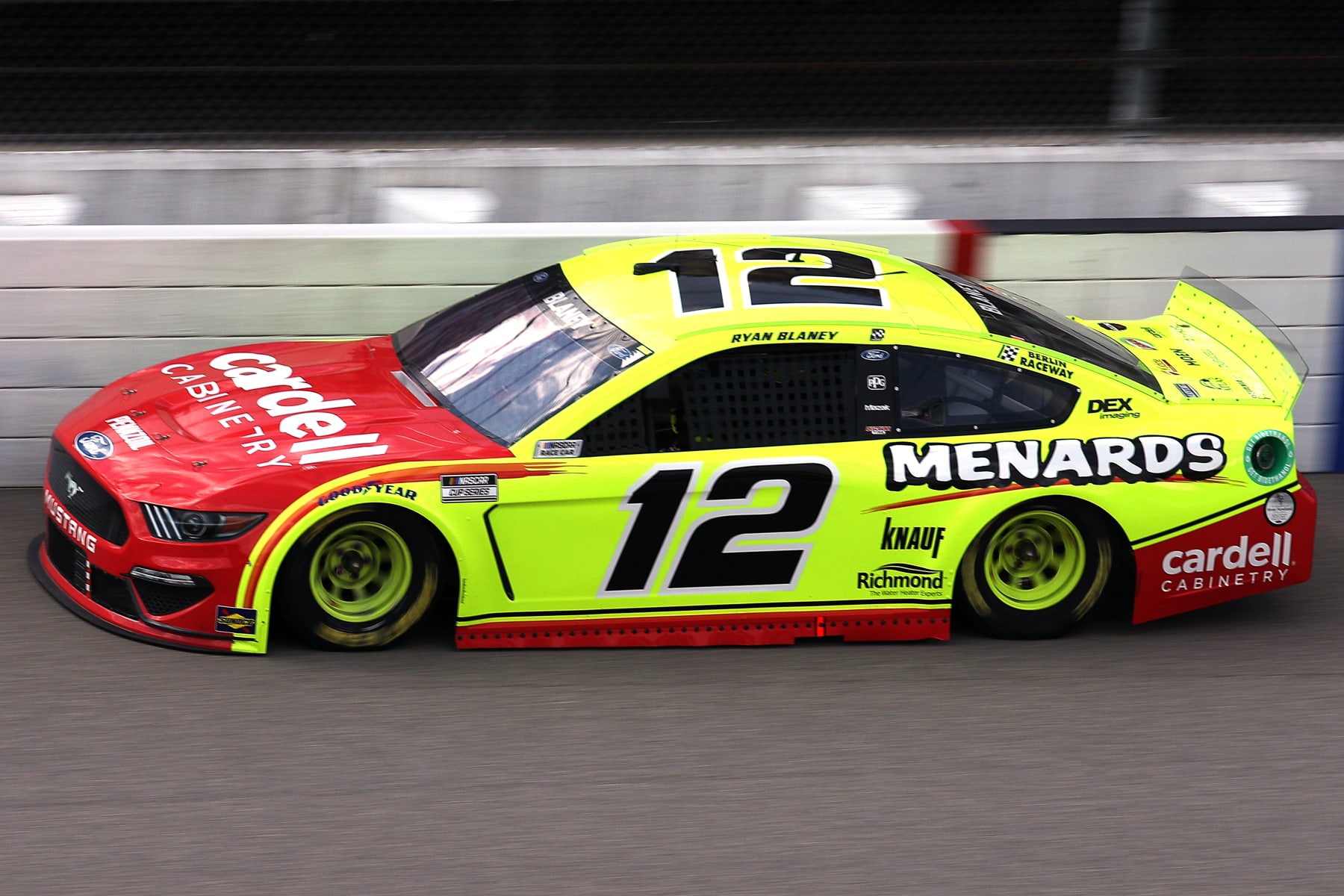 BROOKLYN, MICHIGAN - AUGUST 22: Ryan Blaney, driver of the #12 Menards/Cardell Cabinetry Ford, drives during the NASCAR Cup Series FireKeepers Casino 400 at Michigan International Speedway on August 22, 2021 in Brooklyn, Michigan. (Photo by Sean Gardner/Getty Images)