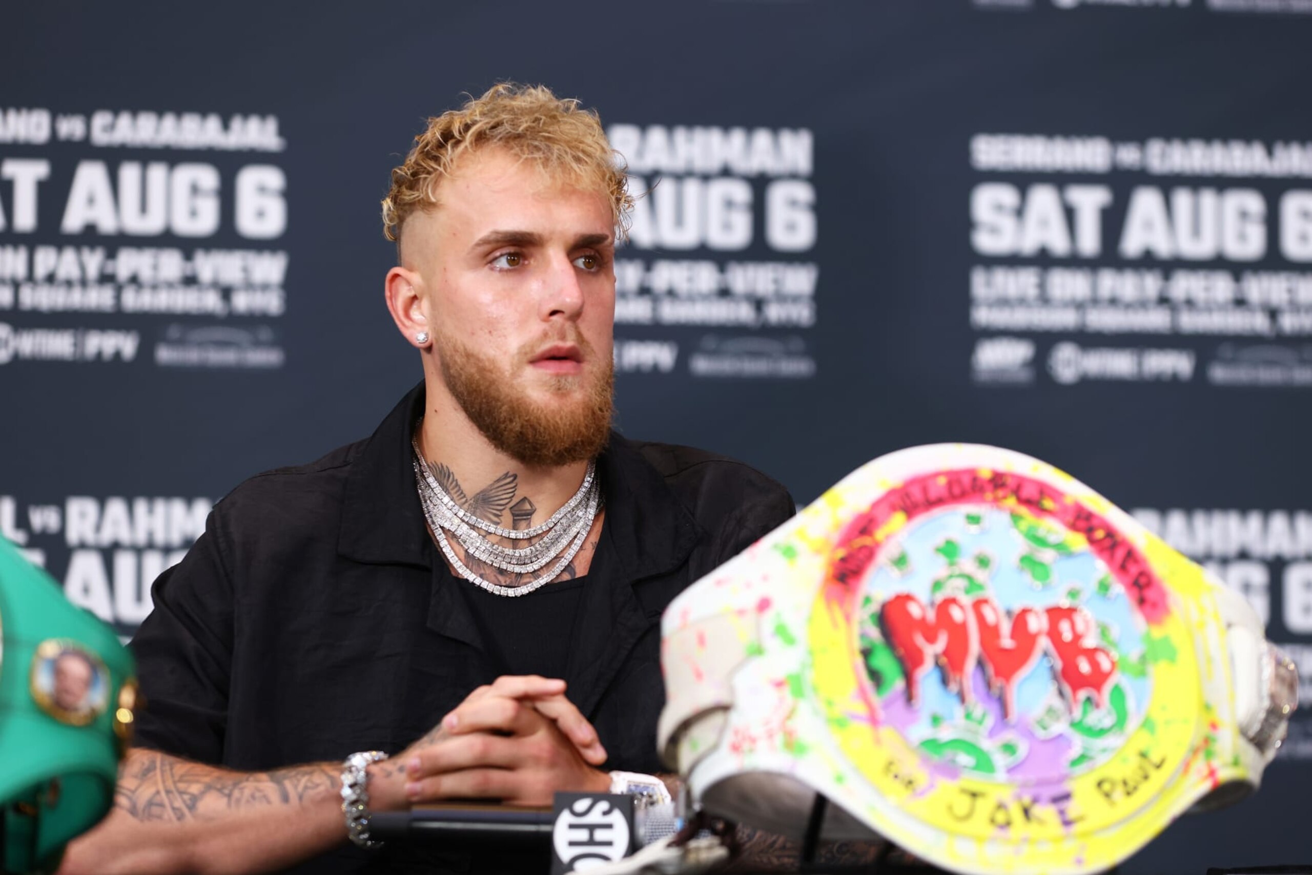 NEW YORK, NEW YORK - JULY 12: Jake Paul answers questions from the media during a press conference at Madison Square Garden on July 12, 2022 in New York City. (Photo by Mike Stobe/Getty Images) NEW YORK, NEW YORK - JULY 12: Jake Paul answers questions from the media during a press conference at Madison Square Garden on July 12, 2022 in New York City. (Photo by Mike Stobe/Getty Images)