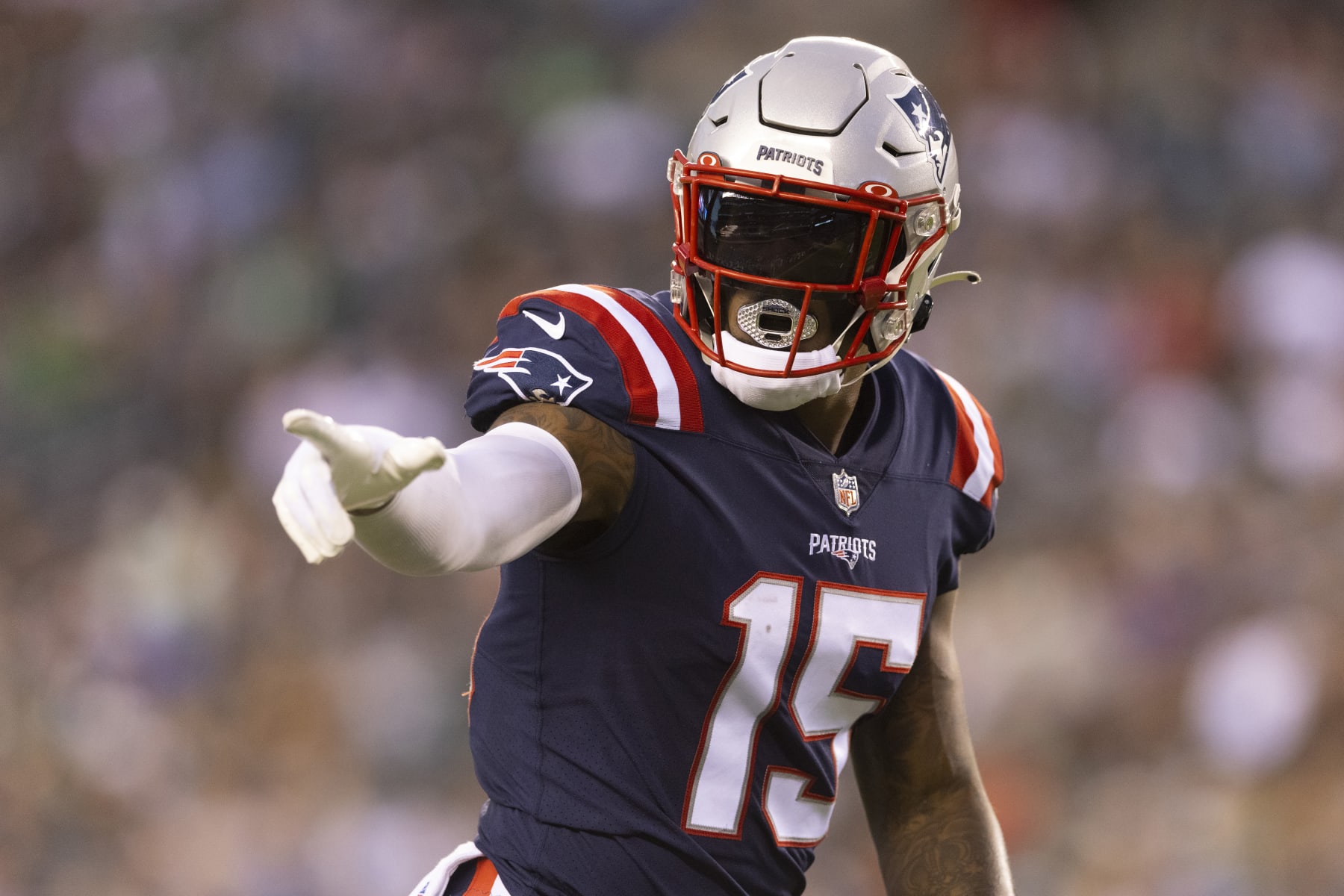 PHILADELPHIA, PA - AUGUST 19: N'Keal Harry #15 of the New England Patriots points against the Philadelphia Eagles in the preseason game at Lincoln Financial Field on August 19, 2021 in Philadelphia, Pennsylvania. The Patriots defeated the Eagles 35-0. (Photo by Mitchell Leff/Getty Images)