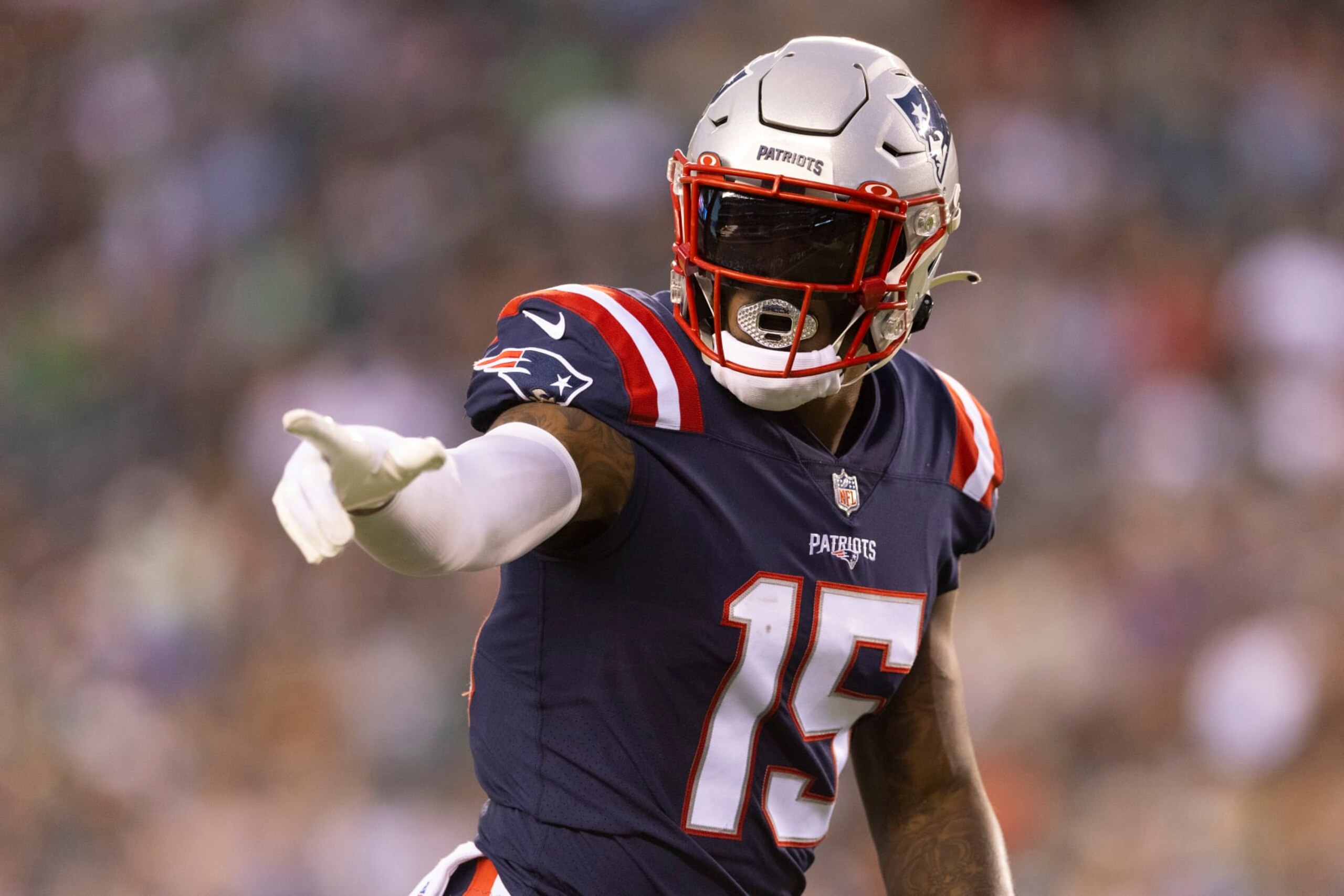 PHILADELPHIA, PA - AUGUST 19: N'Keal Harry #15 of the New England Patriots points against the Philadelphia Eagles in the preseason game at Lincoln Financial Field on August 19, 2021 in Philadelphia, Pennsylvania. The Patriots defeated the Eagles 35-0. (Photo by Mitchell Leff/Getty Images)