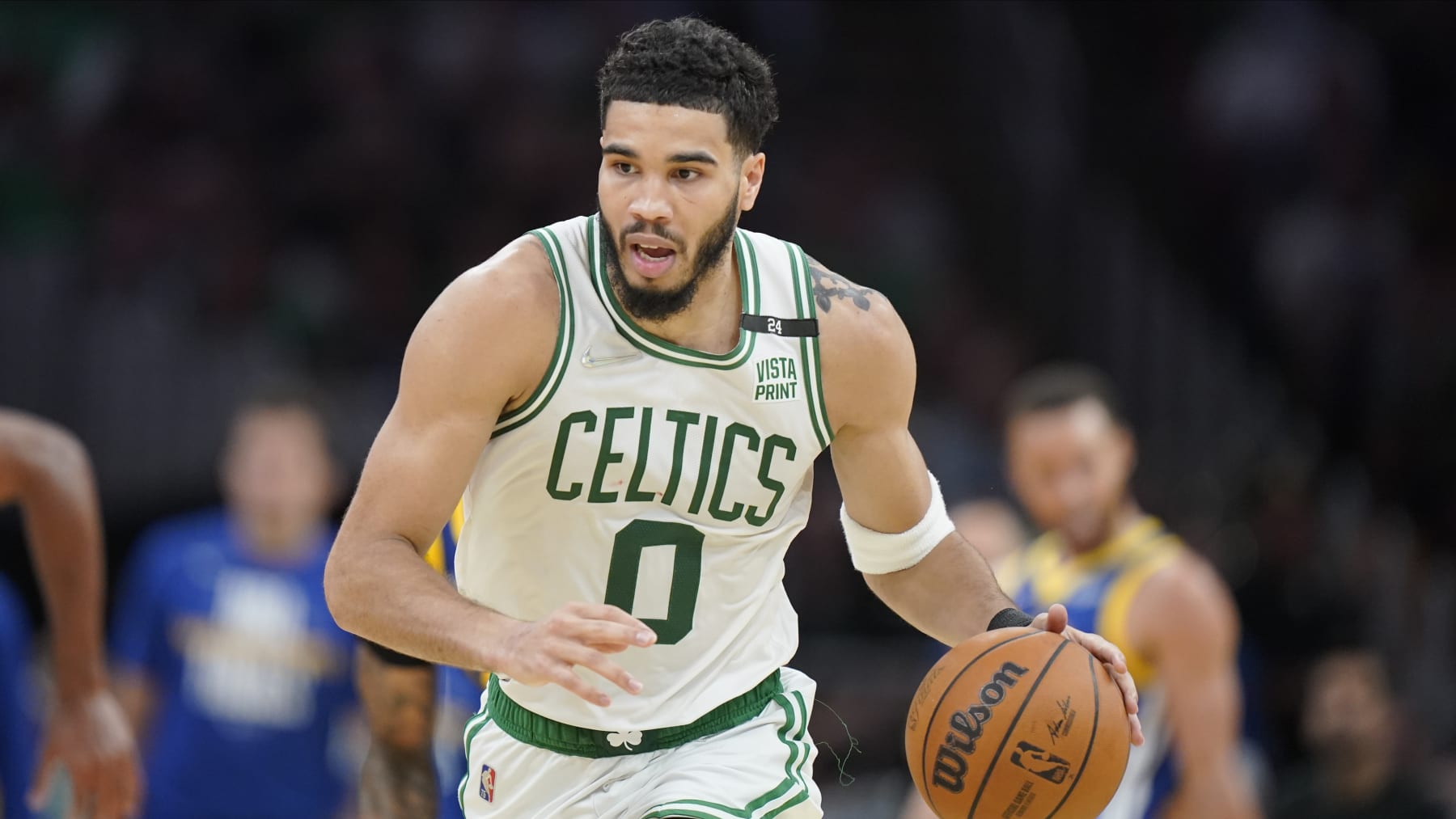 Boston Celtics forward Jayson Tatum (0) during Game 6 of basketball's NBA Finals against the Golden State Warriors, Thursday, June 16, 2022, in Boston. (AP Photo/Steven Senne)