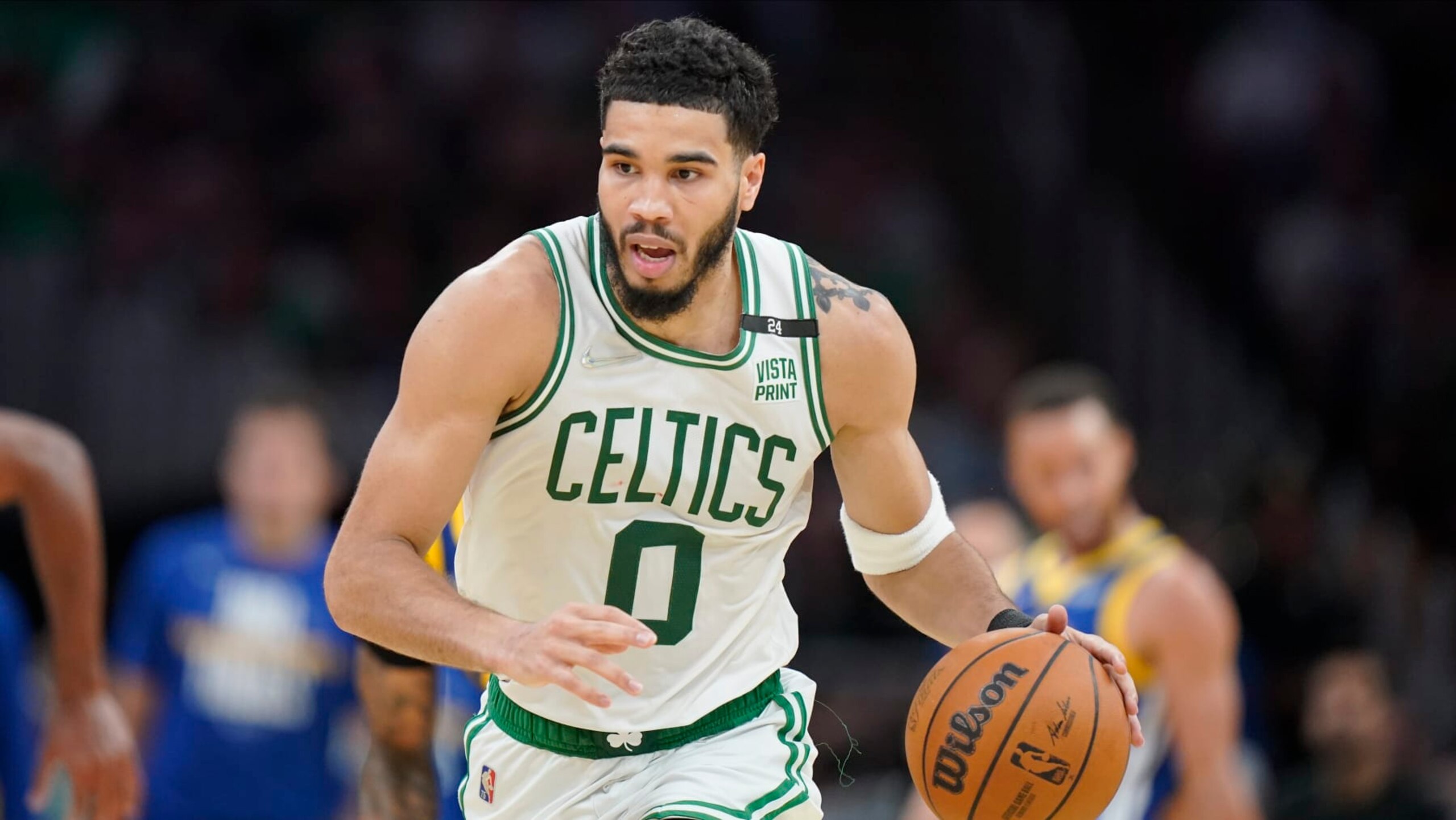 Boston Celtics forward Jayson Tatum (0) during Game 6 of basketball's NBA Finals against the Golden State Warriors, Thursday, June 16, 2022, in Boston. (AP Photo/Steven Senne)