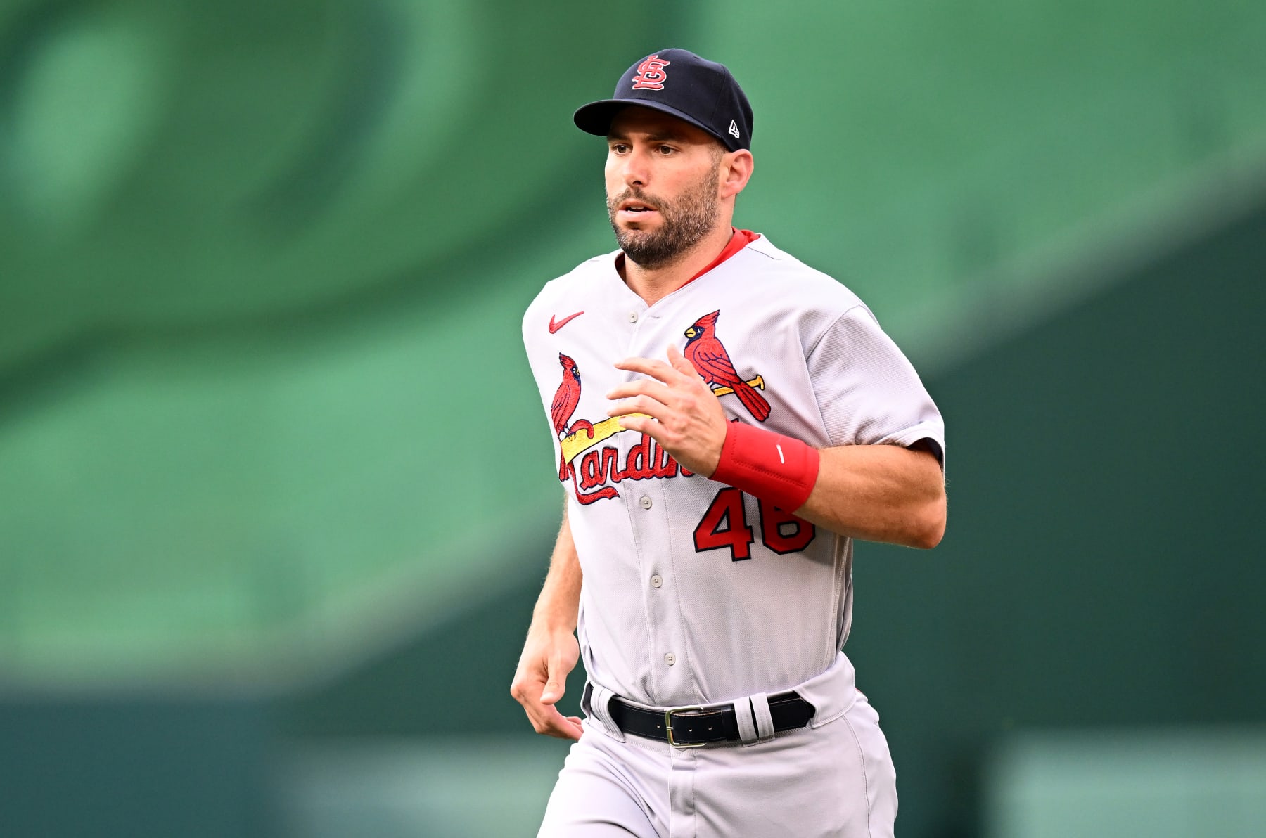 WASHINGTON, DC - JULY 29: Paul Goldschmidt #46 of the St. Louis Cardinals warms up before the game against the Washington Nationals at Nationals Park on July 29, 2022 in Washington, DC. (Photo by G Fiume/Getty Images)