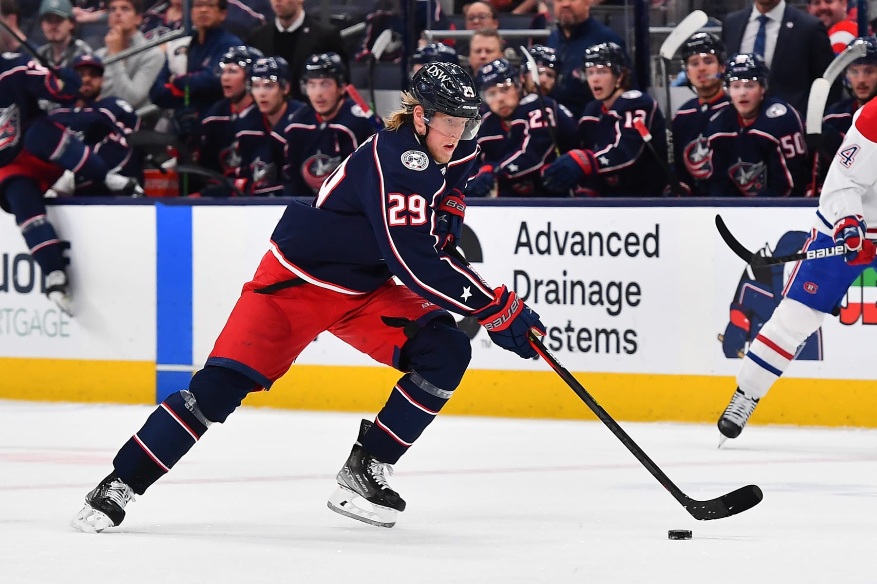 COLUMBUS, OH - APRIL 13: Patrik Laine #29 of the Columbus Blue Jackets skates with the puck during the first period of a game against the Montreal Canadiens at Nationwide Arena on April 13, 2022 in Columbus, Ohio. (Photo by Ben Jackson/NHLI via Getty Images)