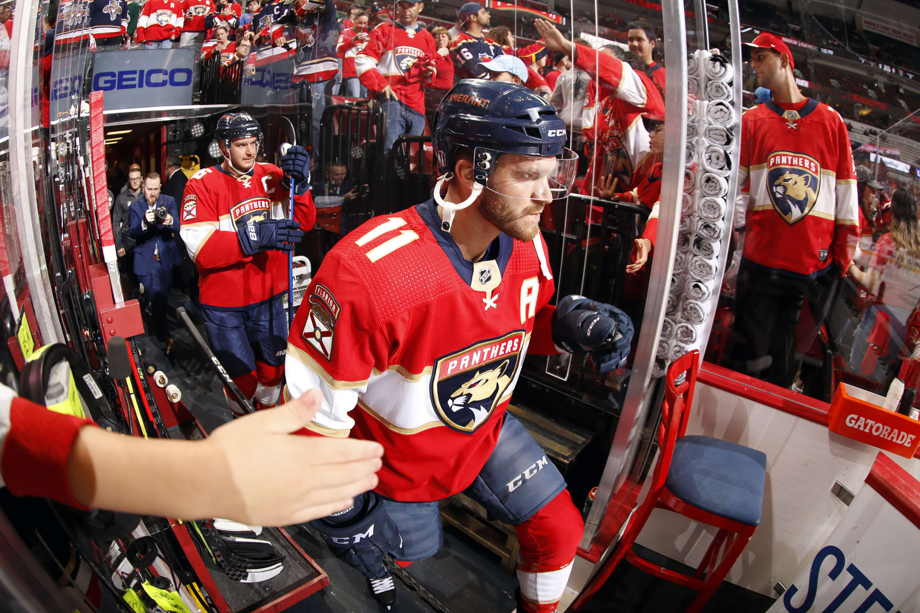 SUNRISE, FL - MAY 11: Jonathan Huberdeau #11 of the Florida Panthers heads out onto the ice prior to the start of the game against the Washington Capitals in Game Five of the First Round of the 2022 Stanley Cup Playoffs at the FLA Live Arena on May 11, 2022 in Sunrise, Florida. (Photo by Eliot J. Schechter/NHLI via Getty Images)