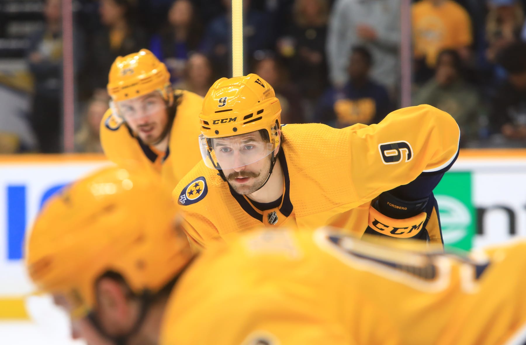 NASHVILLE, TN - APRIL 16: Nashville Predators left wing Filip Forsberg (9), of Sweden, is shown during the NHL game between the Nashville Predators and Chicago Blackhawks, held on April 16, 2022, at Bridgestone Arena in Nashville, Tennessee.  (Photo by Danny Murphy/Icon Sportswire via Getty Images)