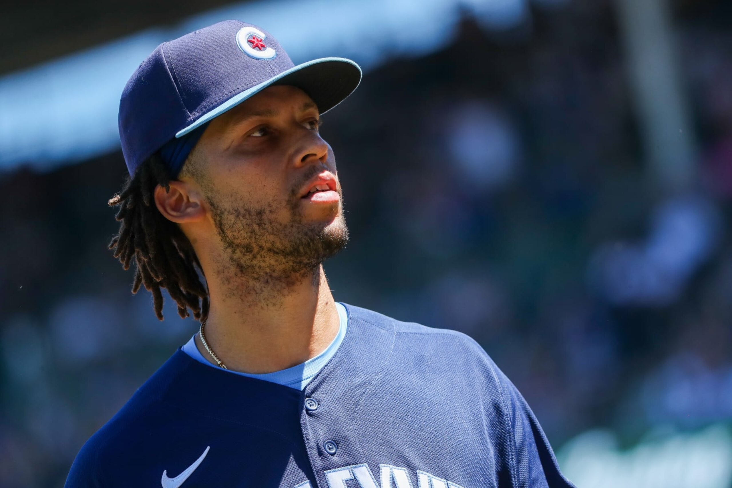 CHICAGO, ILLINOIS - JUNE 17: Andrelton Simmons #19 of the Chicago Cubs looks towards the dugout in the fourth inning at Wrigley Field on June 17, 2022 in Chicago, Illinois. (Photo by Chase Agnello-Dean/Getty Images)