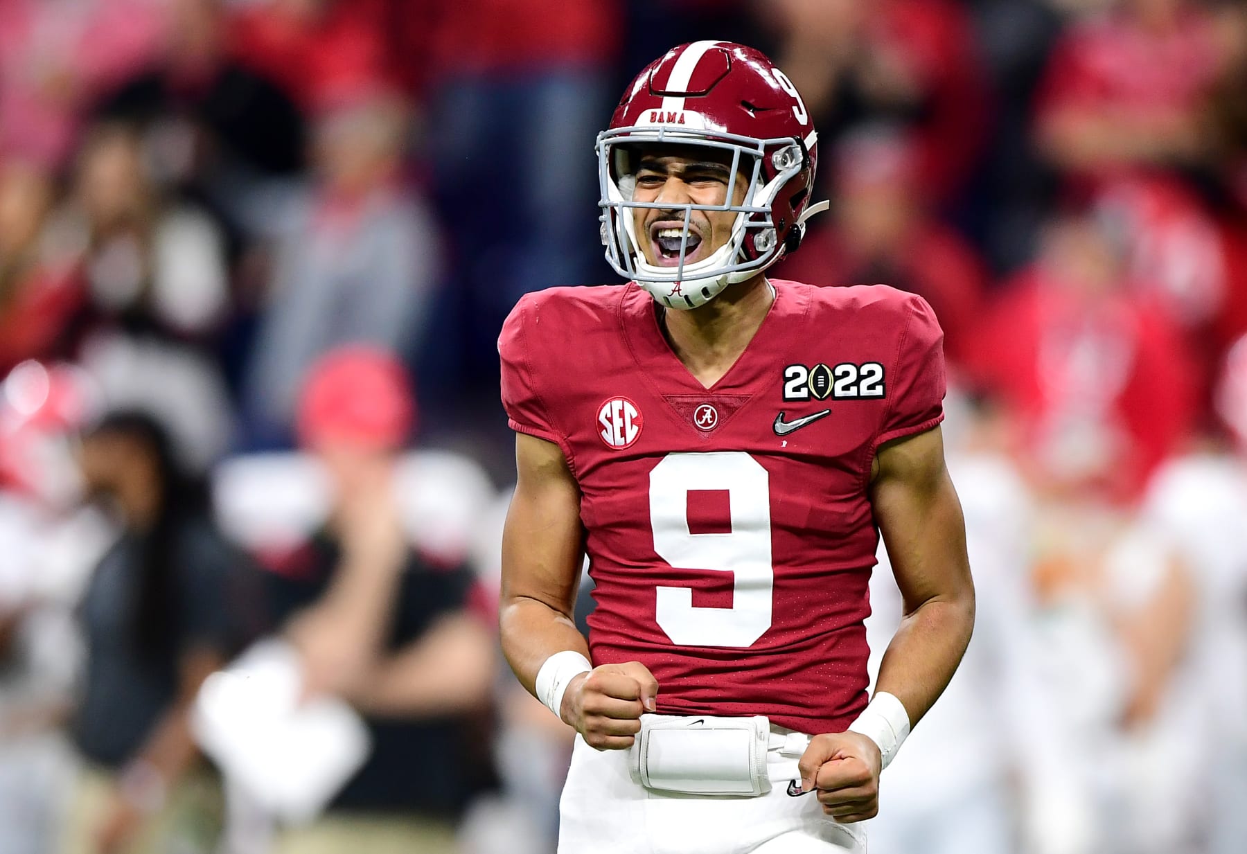 INDIANAPOLIS, INDIANA - JANUARY 10: Bryce Young #9 of the Alabama Crimson Tide reacts in the second quarter of the game against the Georgia Bulldogs during the 2022 CFP National Championship Game at Lucas Oil Stadium on January 10, 2022 in Indianapolis, Indiana. (Photo by Emilee Chinn/Getty Images)