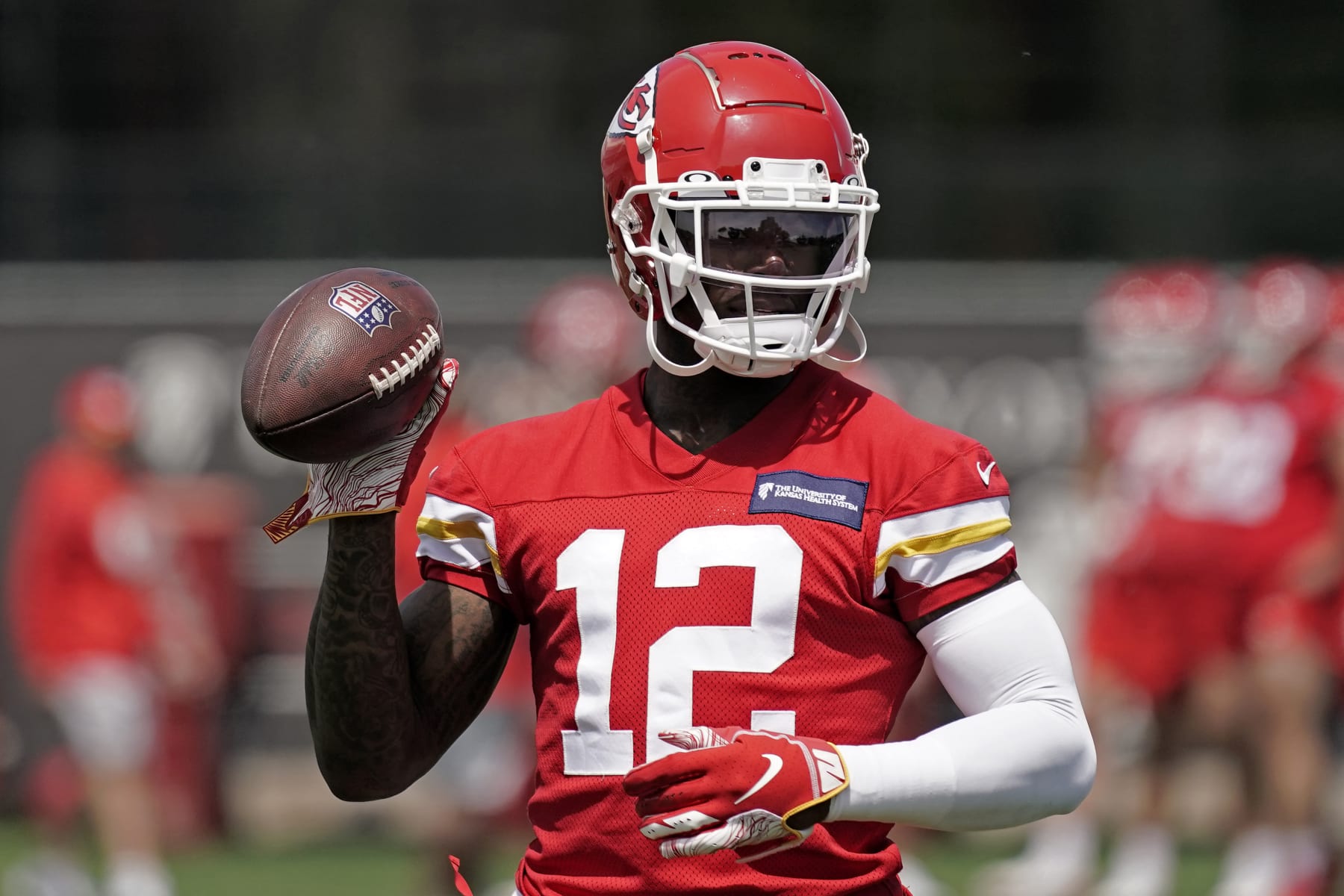 Kansas City Chiefs wide receiver Josh Gordon participates in a drill during the NFL football team's organized team activities Thursday, June 2, 2022, in Kansas City, Mo. (AP Photo/Charlie Riedel)