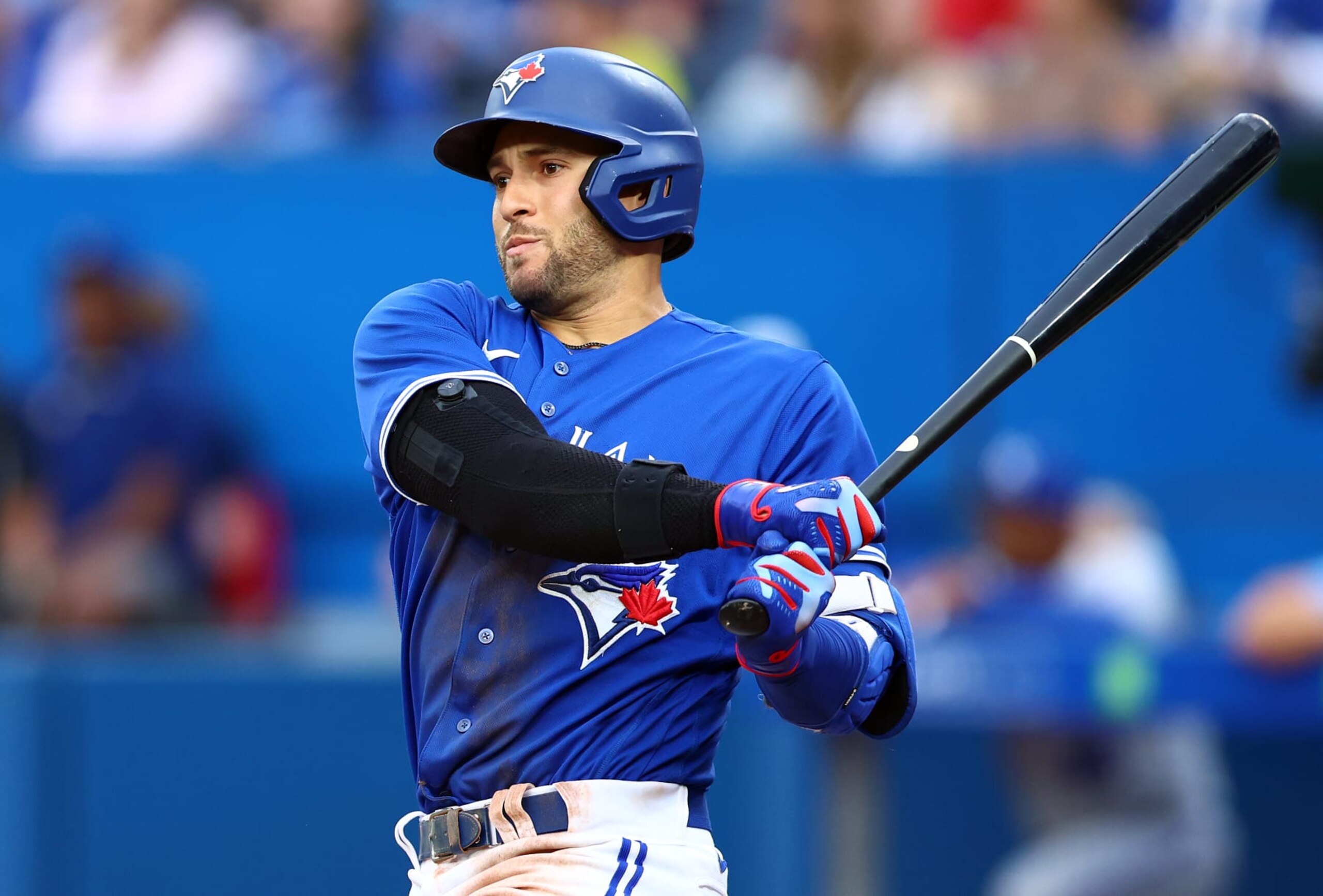 TORONTO, ON - JULY 15:  George Springer #4 of the Toronto Blue Jays bats against the Kansas City Royals at Rogers Centre on July 15, 2022 in Toronto, Ontario, Canada.  (Photo by Vaughn Ridley/Getty Images)