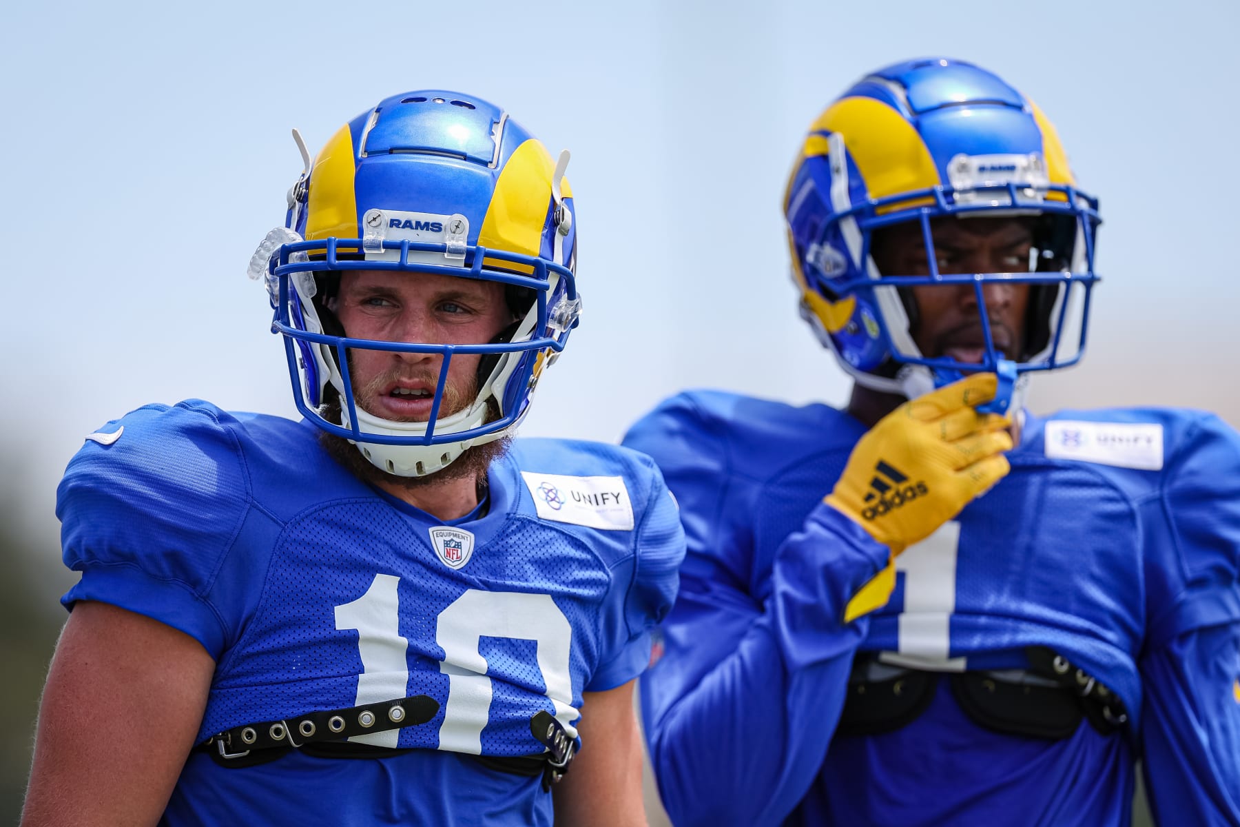 IRVINE, CA - JULY 29: Cooper Kupp #10 and Allen Robinson II #1 of the Los Angeles Rams look on during training camp at University of California Irvine on July 29, 2022 in Irvine, California. (Photo by Scott Taetsch/Getty Images)