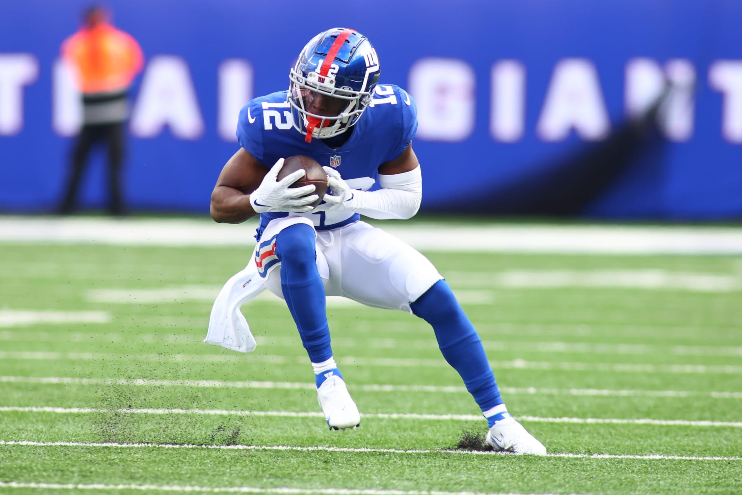 EAST RUTHERFORD, NEW JERSEY - OCTOBER 24: (NEW YORK DAILIES OUT) John Ross #12 of the New York Giants in action against the Carolina Panthers at MetLife Stadium on October 24, 2021 in East Rutherford, New Jersey. New York Giants defeated the Carolina Panthers 25-3. (Photo by Mike Stobe/Getty Images)