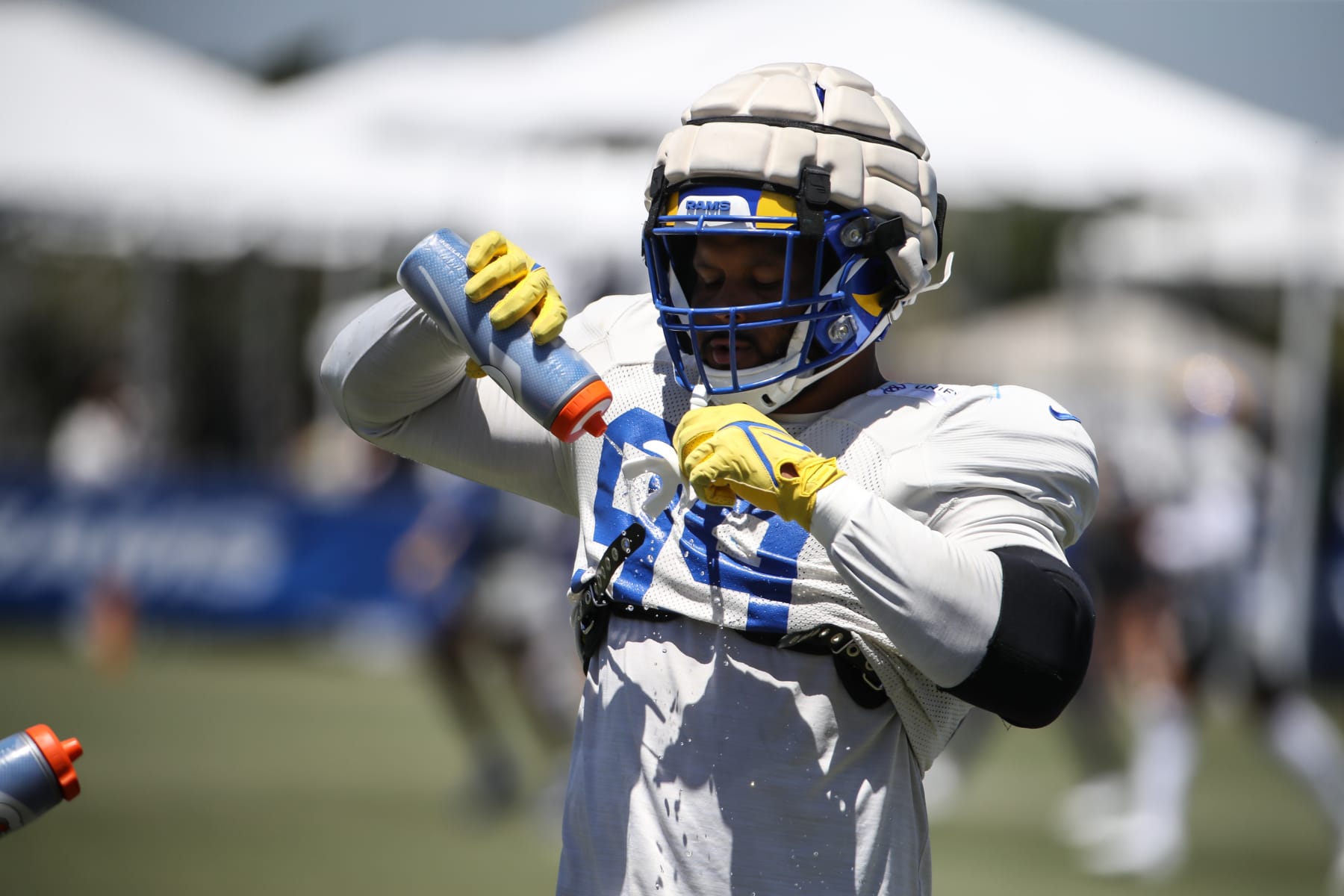 Irvine, CA - AUGUST 06: Los Angeles Rams defensive tackle Aaron Donald (99) during the Los Angeles Rams training camp on August 6, 2022, at UC Irvine in Irvine, CA. (Photo by Jevone Moore/Icon Sportswire via Getty Images)