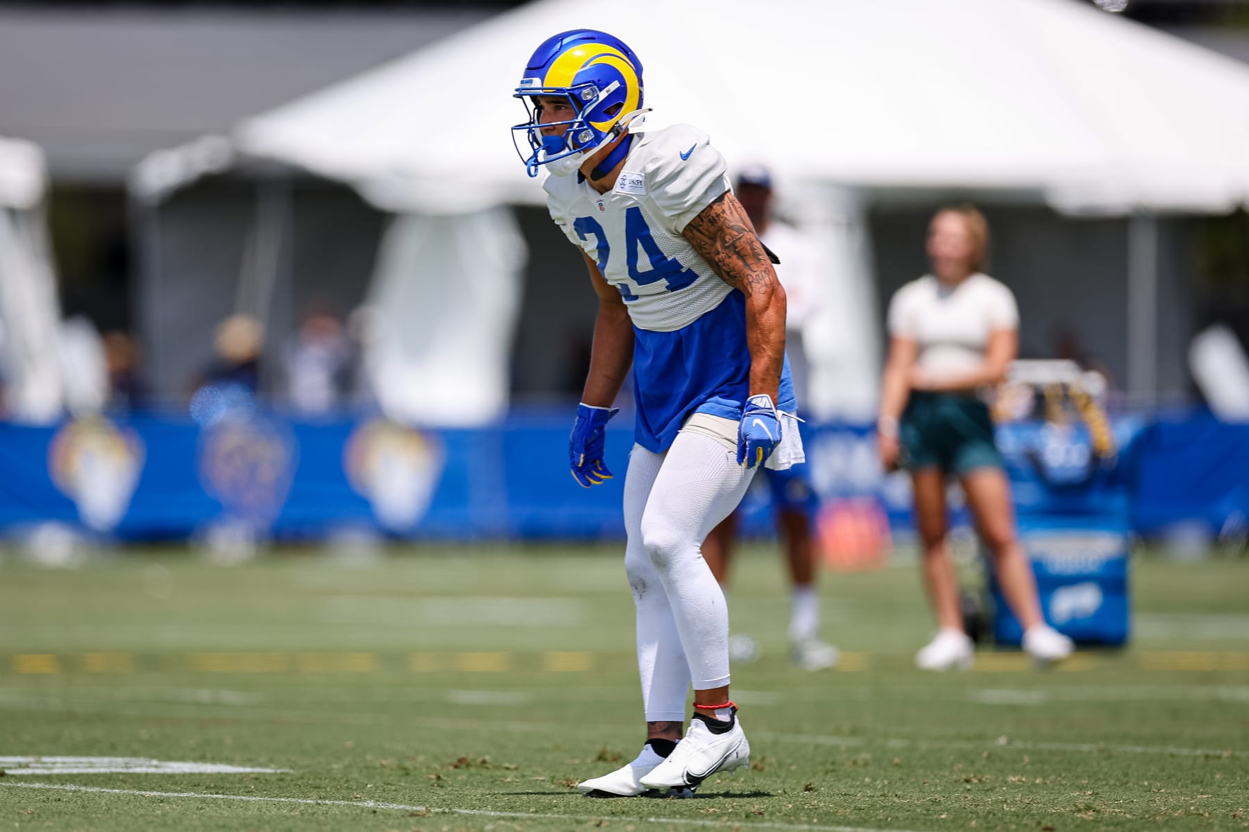 IRVINE, CA - JULY 29: Taylor Rapp #24 of the Los Angeles Rams participates in a drill during training camp at University of California Irvine on July 29, 2022 in Irvine, California. (Photo by Scott Taetsch/Getty Images)