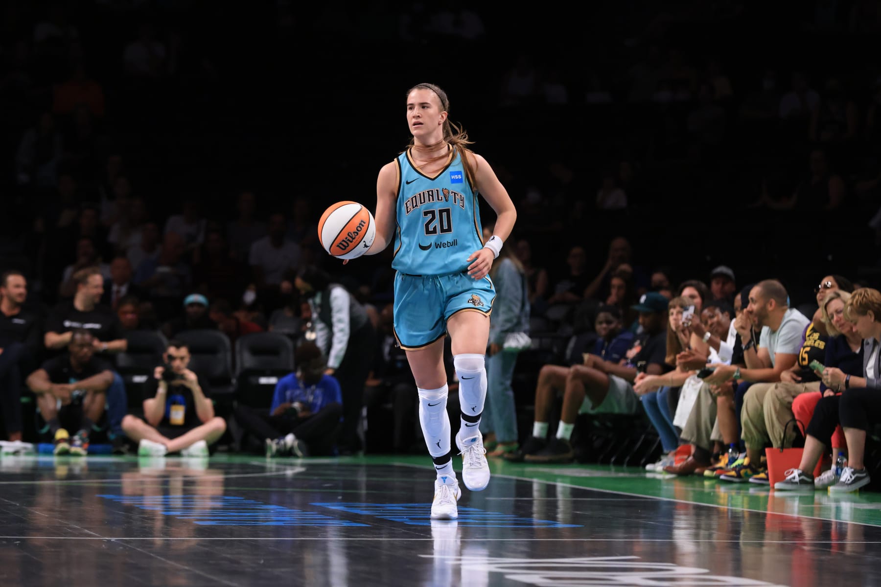 BROOKLYN, NY - AUGUST 2: Sabrina Ionescu #20 of the New York Liberty dribbles the ball against the Los Angeles Sparks on August 2, 2022 at the Barclays Center in Brooklyn, New York. NOTE TO USER: User expressly acknowledges and agrees that, by downloading and or using this photograph, user is consenting to the terms and conditions of the Getty Images License Agreement. Mandatory Copyright Notice: Copyright 2022 NBAE (Photo by Steven Freeman/NBAE via Getty Images) BROOKLYN, NY - AUGUST 2: Sabrina Ionescu #20 of the New York Liberty dribbles the ball against the Los Angeles Sparks on August 2, 2022 at the Barclays Center in Brooklyn, New York. NOTE TO USER: User expressly acknowledges and agrees that, by downloading and or using this photograph, user is consenting to the terms and conditions of the Getty Images License Agreement. Mandatory Copyright Notice: Copyright 2022 NBAE (Photo by Steven Freeman/NBAE via Getty Images)