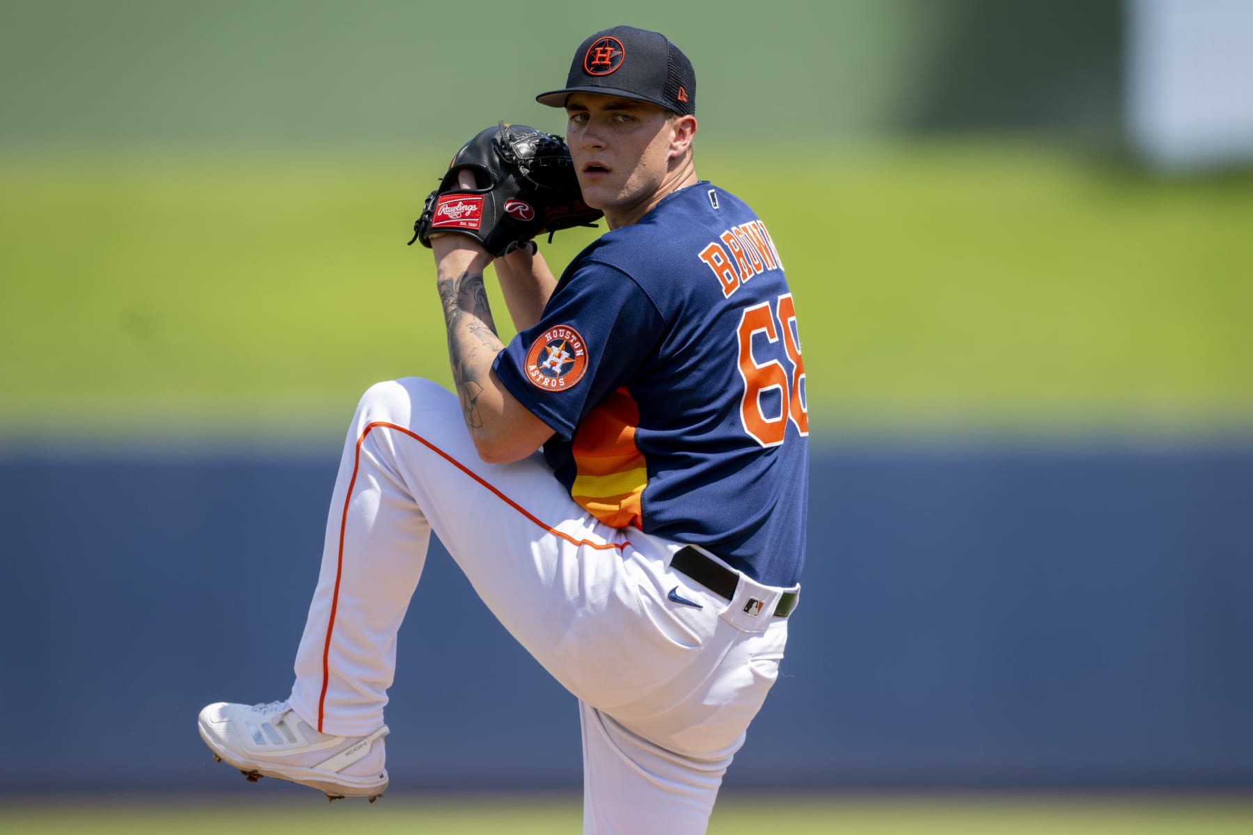 WEST PALM BEACH, FL - MARCH 20: Houston Astros pitcher Hunter Brown throws the ball from the mound during an MLB spring training game between the Washington Nationals and the Houston Astros at The Ballpark of The Palm Beaches on March 20, 2022 in West Palm Beach, Florida. (Photo by Doug Murray/Icon Sportswire via Getty Images)