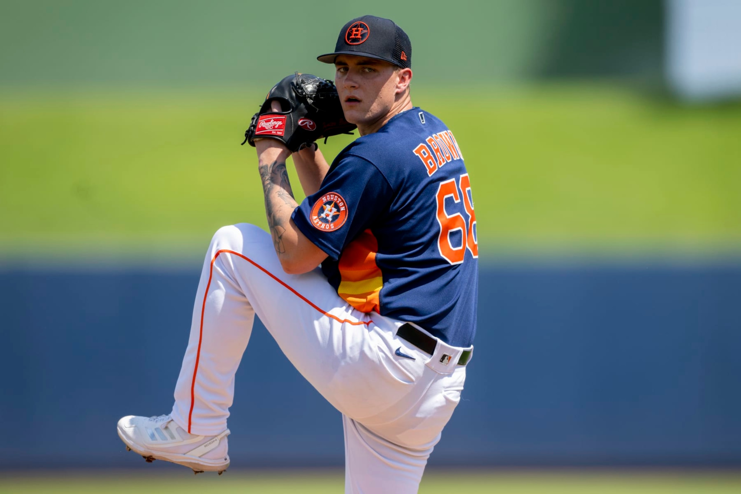 WEST PALM BEACH, FL - MARCH 20: Houston Astros pitcher Hunter Brown throws the ball from the mound during an MLB spring training game between the Washington Nationals and the Houston Astros at The Ballpark of The Palm Beaches on March 20, 2022 in West Palm Beach, Florida. (Photo by Doug Murray/Icon Sportswire via Getty Images)