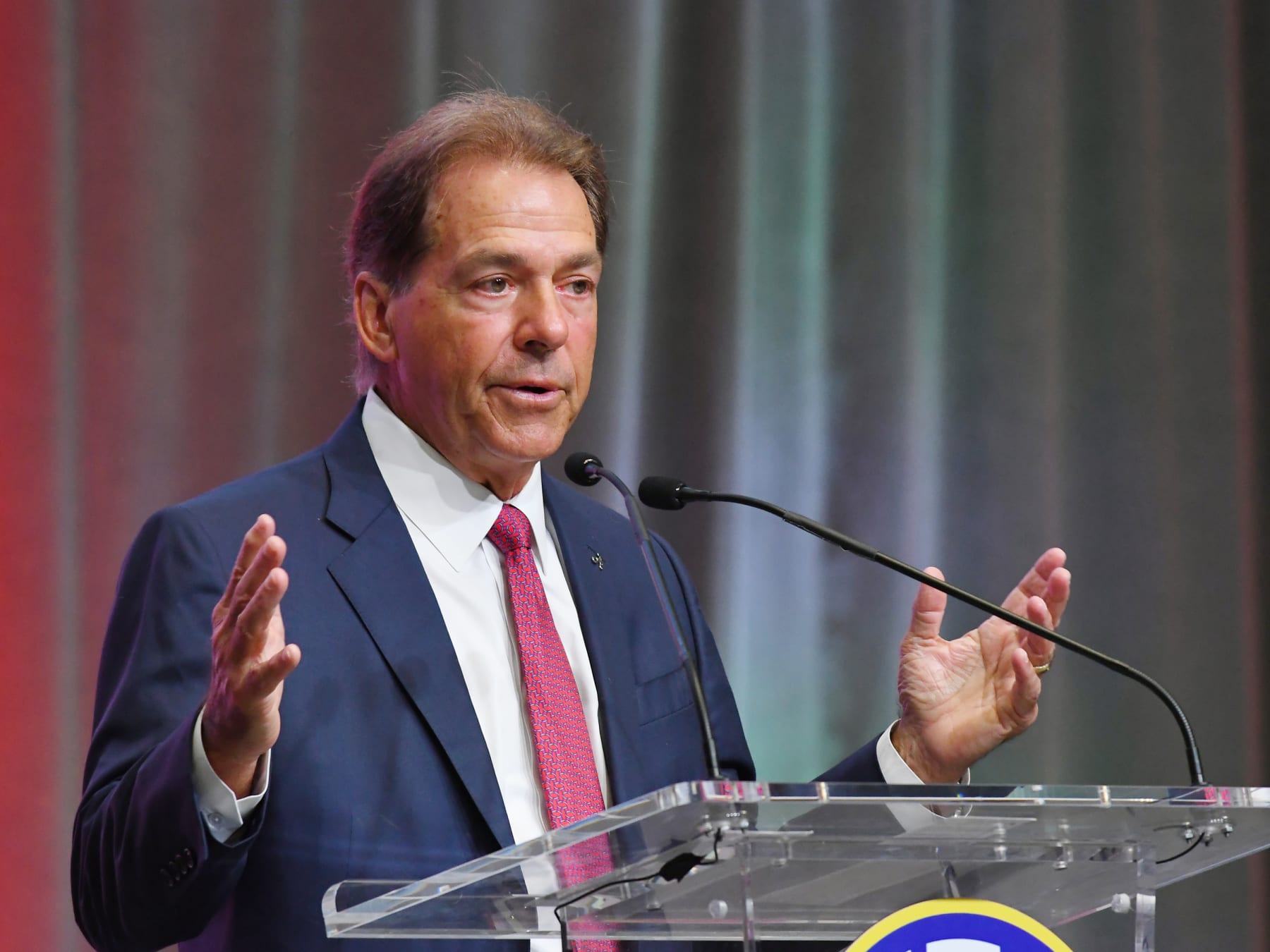 ATLANTA, GA - JULY 19: Alabama Crimson Tide Head Coach Nick Saban addresses the media during the SEC Football Kickoff Media Days on July 19, 2022, at the College Football Hall of Fame in Atlanta, GA.(Photo by Jeffrey Vest/Icon Sportswire via Getty Images)
